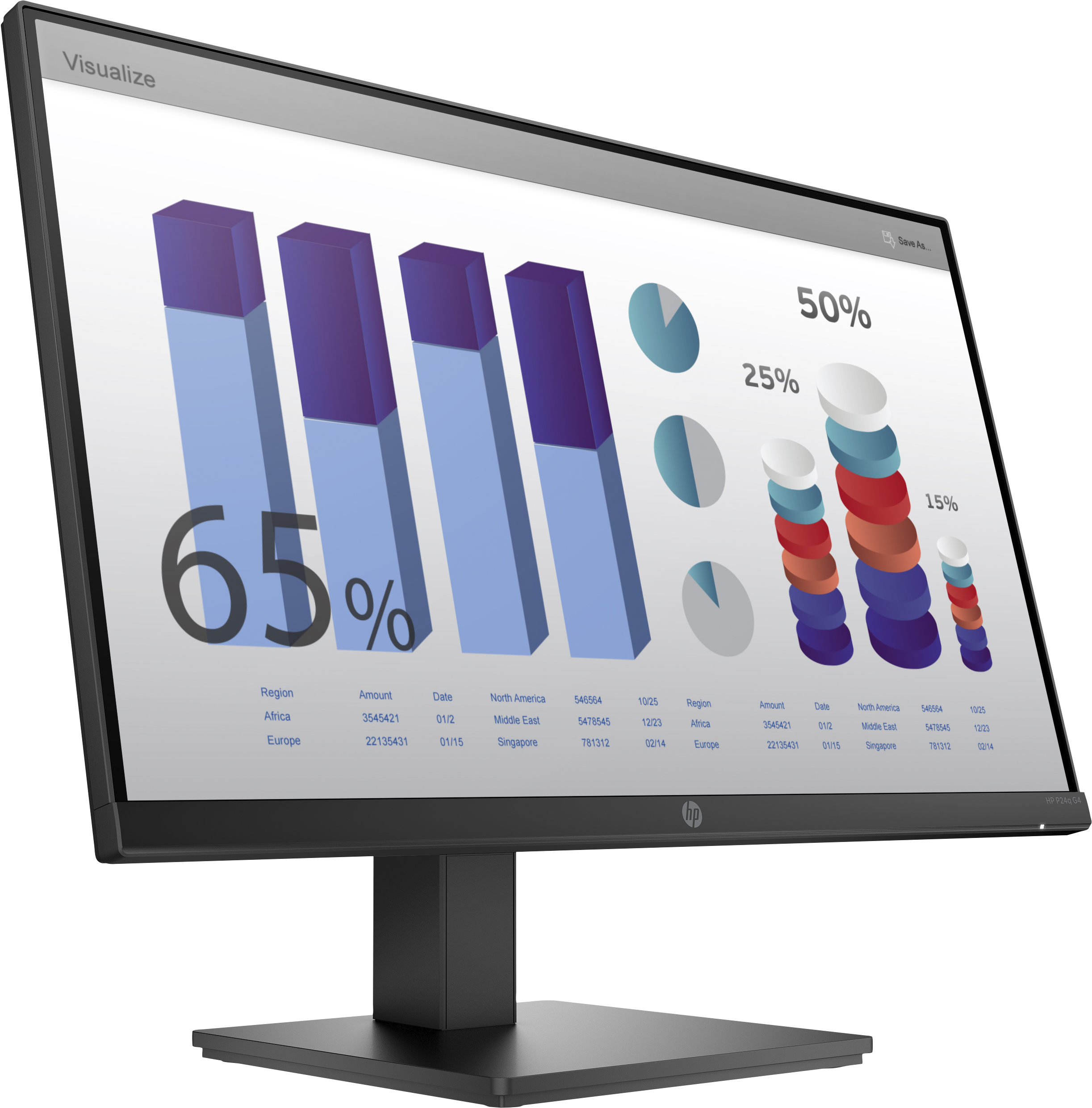 Computerbildschirm mit Diagrammen und Grafiken. Datenvisualisierung mit blauen und lila Balken. Schwarzer Rahmen.