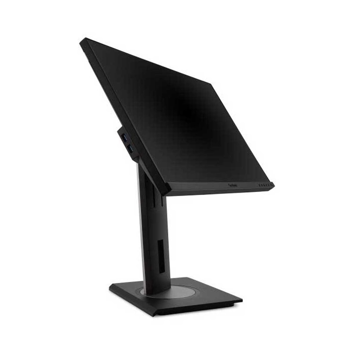 Czarny monitor komputera pochylony w górę, na podstawie, izolowany na białym tle.