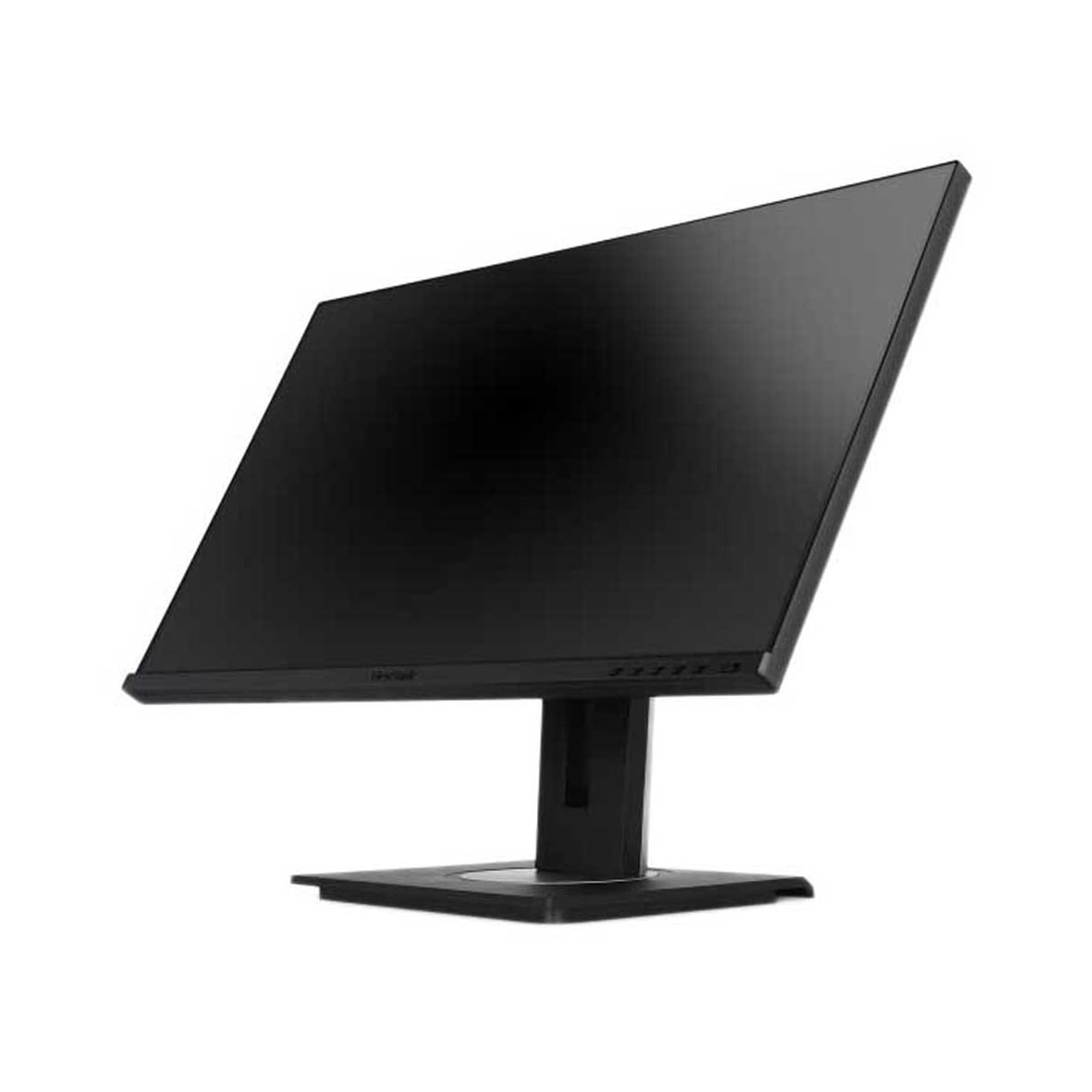 Czarny monitor komputerowy na podstawce, skierowany do widza, na białym tle.