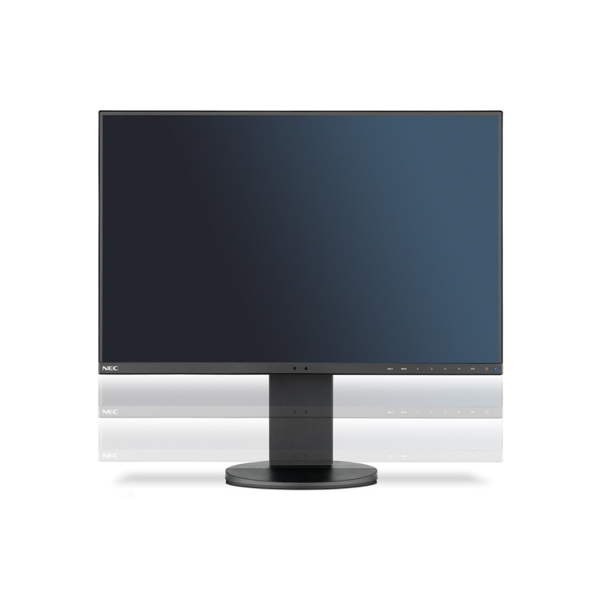 Ein schwarzer Computermonitor mit dünnem Rahmen, der einen dunkelblauen Farbverlauf anzeigt. Der Fuß ist dunkel.