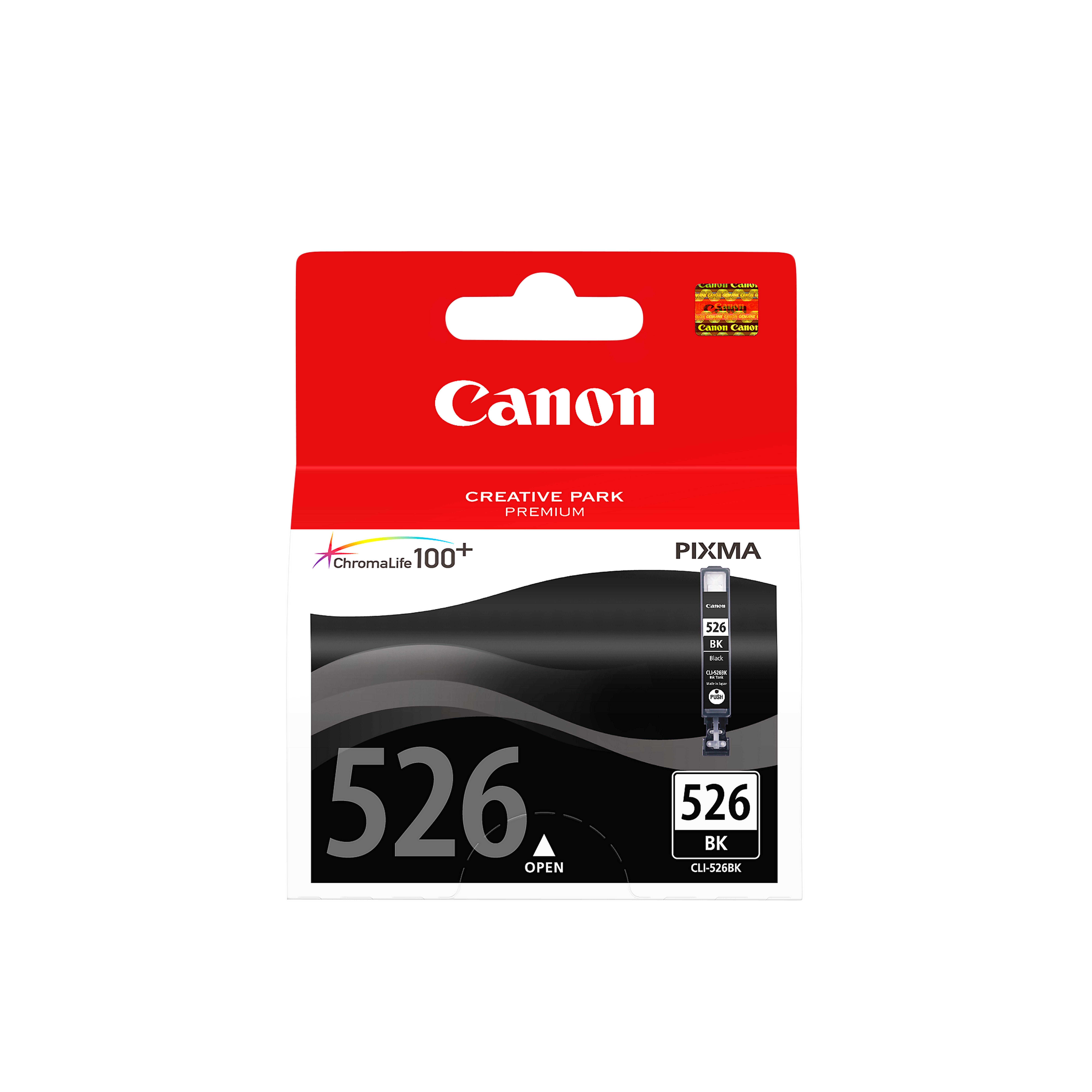 Canon 526BK inktcartridge in een rode doos. De doos heeft een label en een afbeelding van de cartridge.