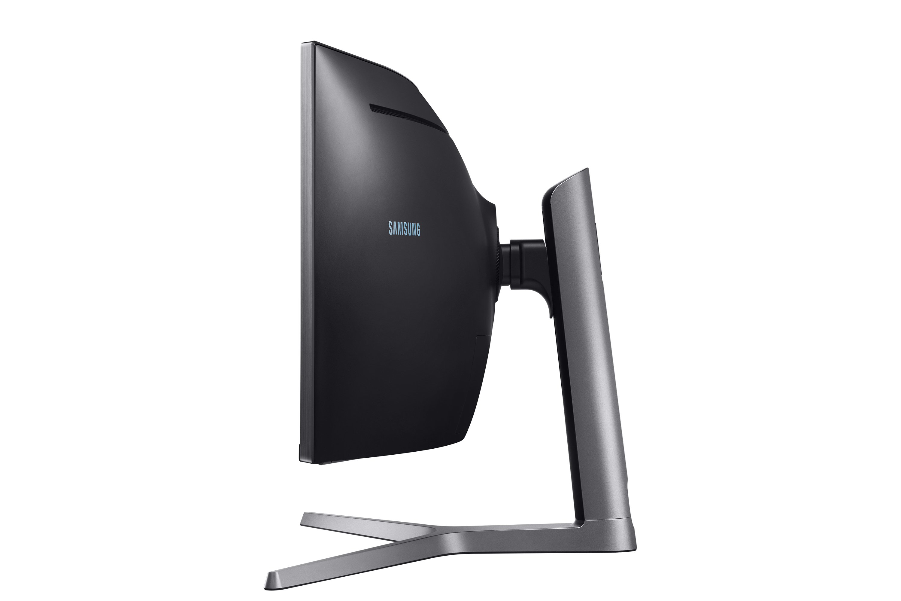 Seitenansicht eines gebogenen schwarzen Samsung-Monitors mit silbernem Ständer auf weißem Hintergrund.