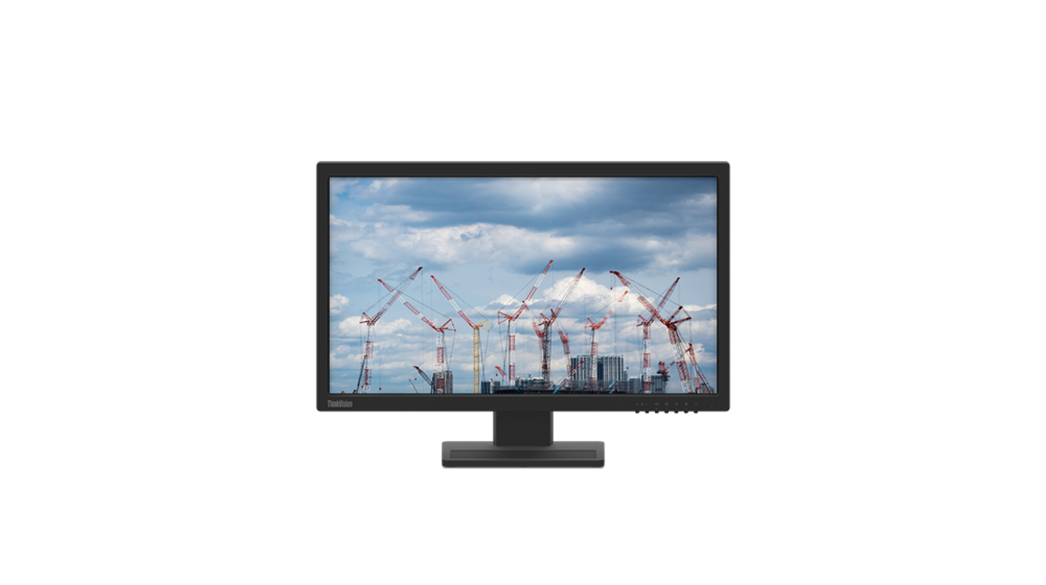 Computermonitor mit Kränen auf einer Baustelle. Der Monitor ist schwarz, auf Weiß.