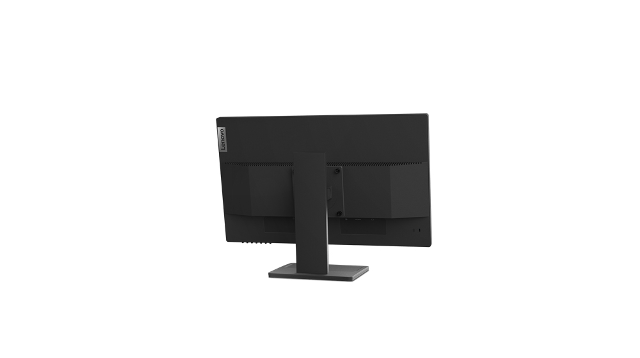 Rückansicht eines schwarzen Monitors. Zeigt den Ständer, die Anschlüsse und das Lenovo-Logo.