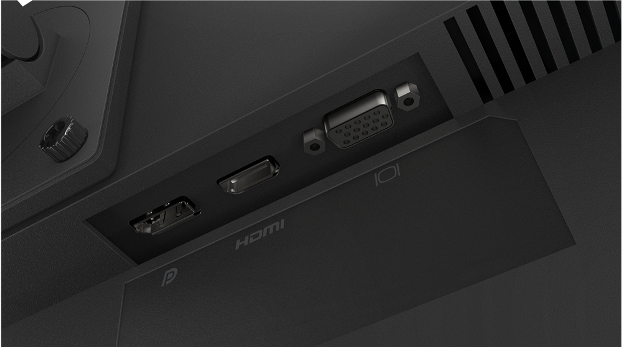 Nahaufnahme der Anschlüsse eines Monitors, einschließlich HDMI und VGA.