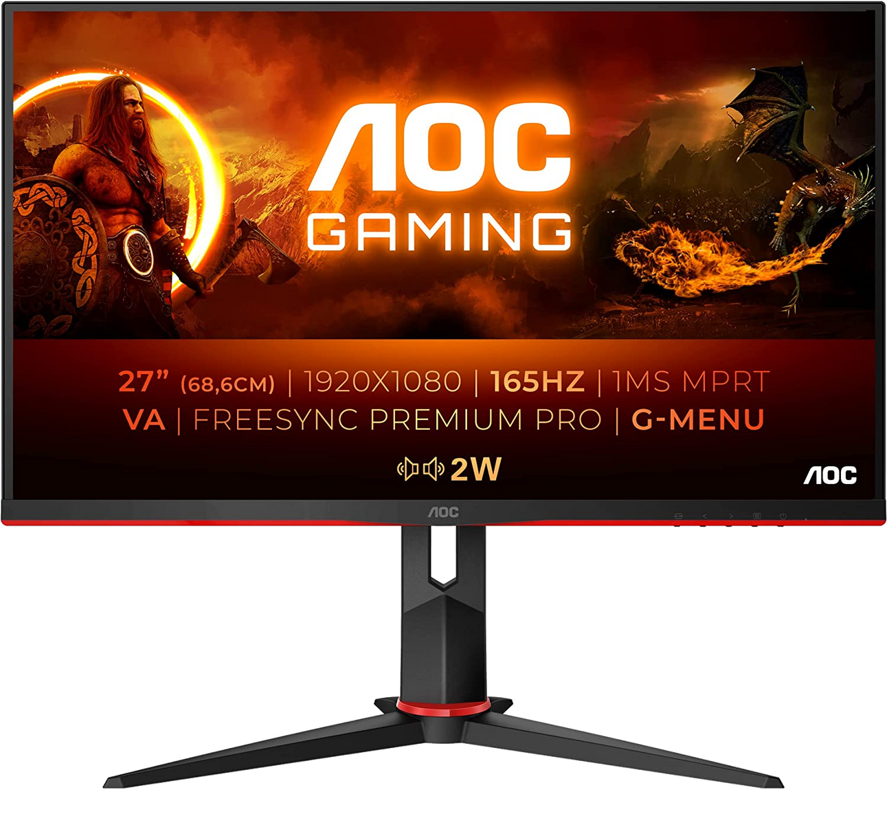 Monitor gaming - 27G2SAE AOC, 27 ", Full-HD, 1 ms, DisplayPort, USB, HDMI, Negro, Rojo