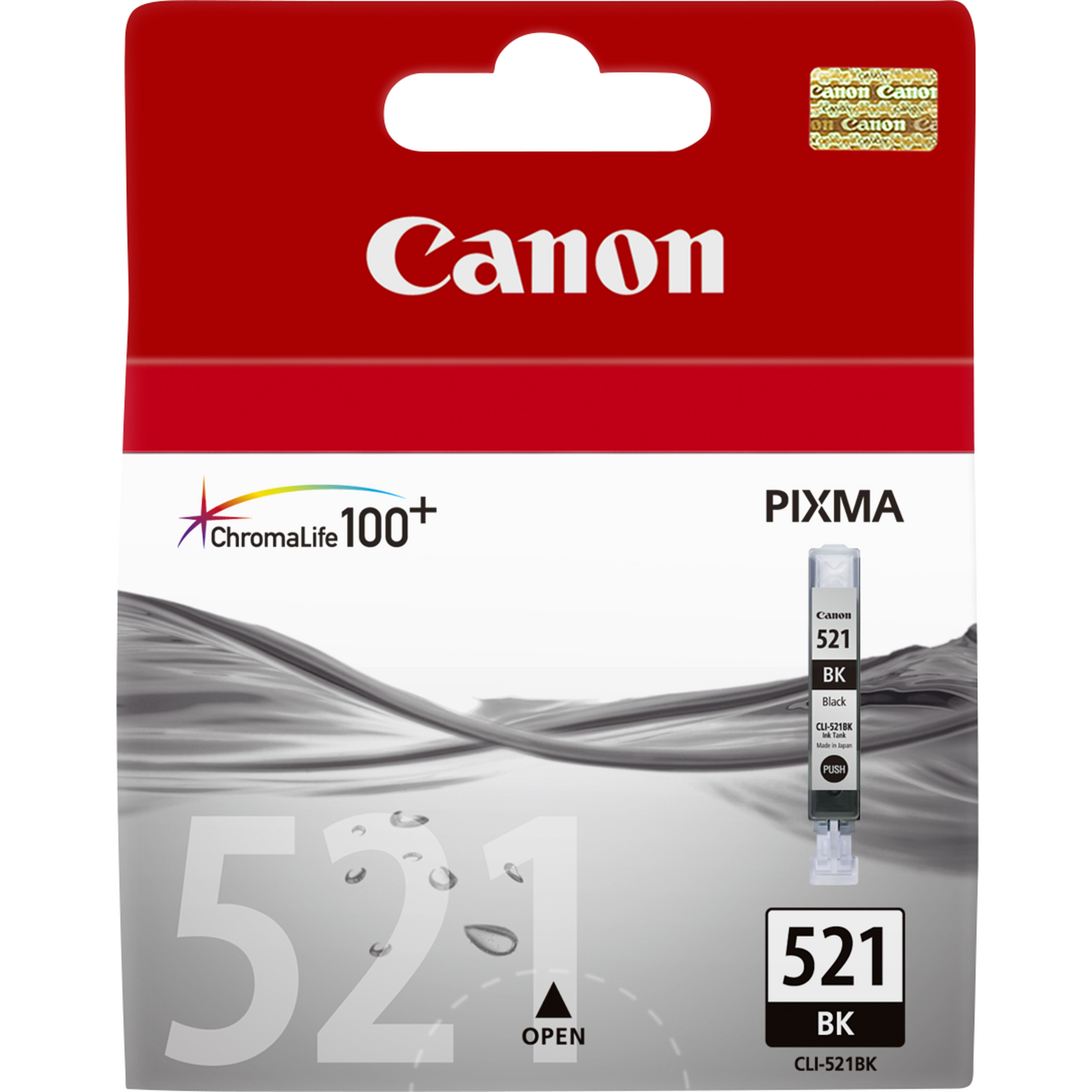 Canon Pixma 521 inktcartridge verpakking, rood en zwart, met inktcartridge.