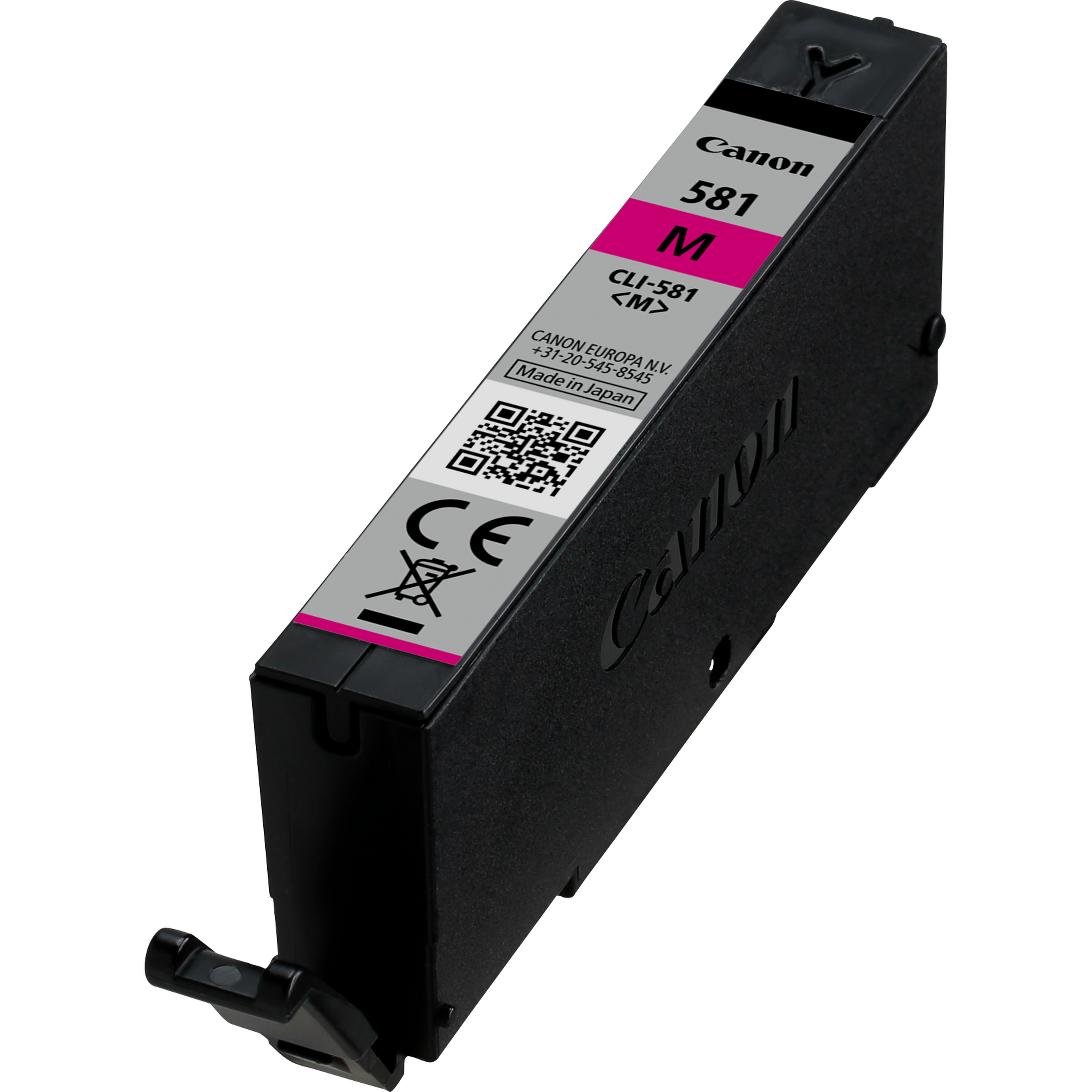 Cartouche d'encre magenta Canon, noire, avec étiquette et code QR.