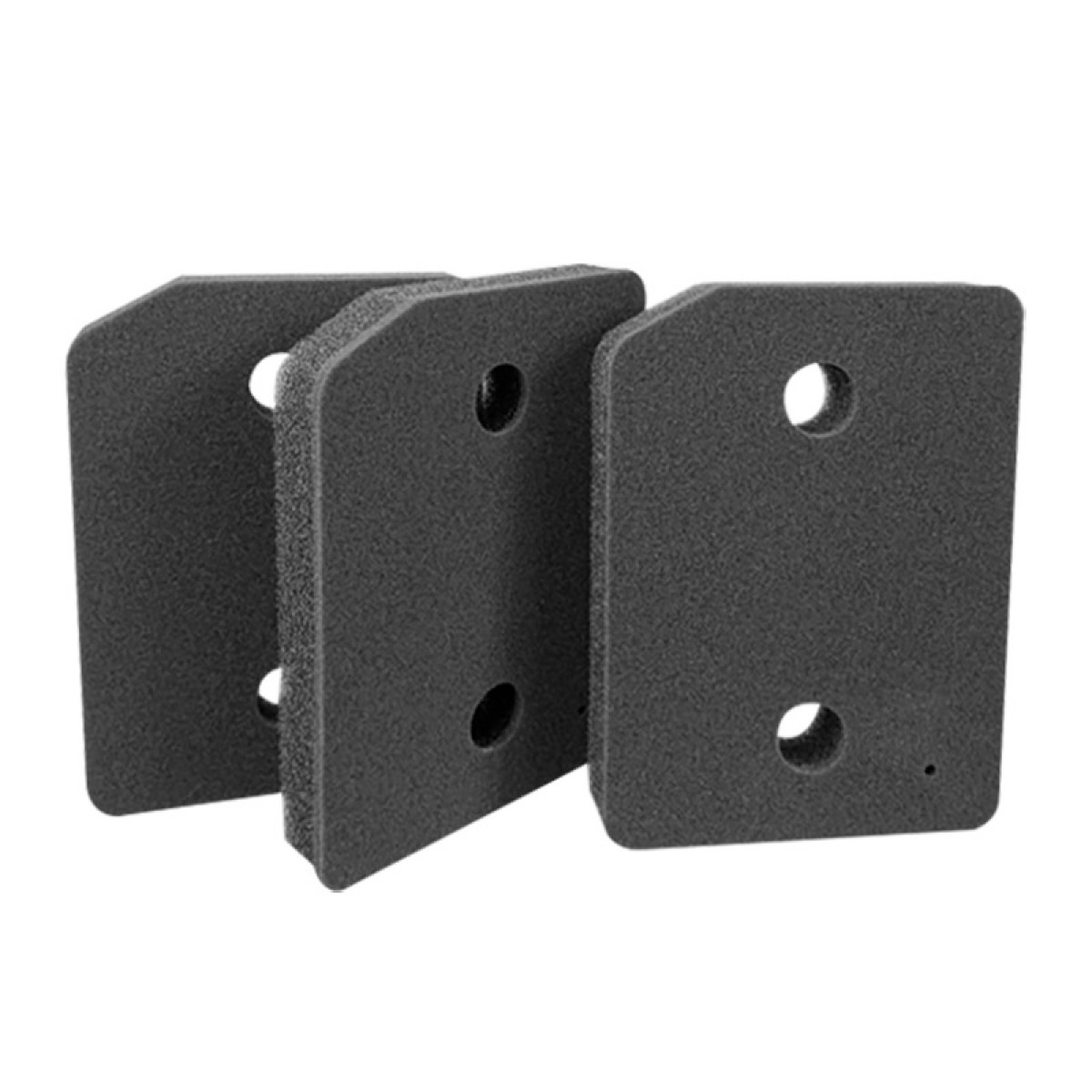 Trzy ciemnoszare podkładki piankowe z otworami w rzędzie.