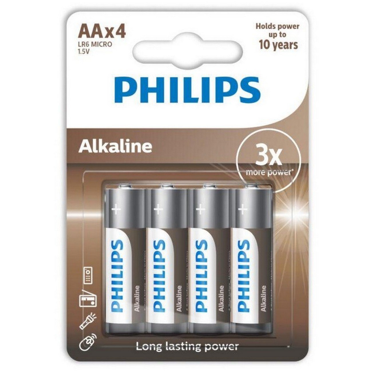 Confezione di quattro batterie Philips AA. La confezione è marrone e bianca.