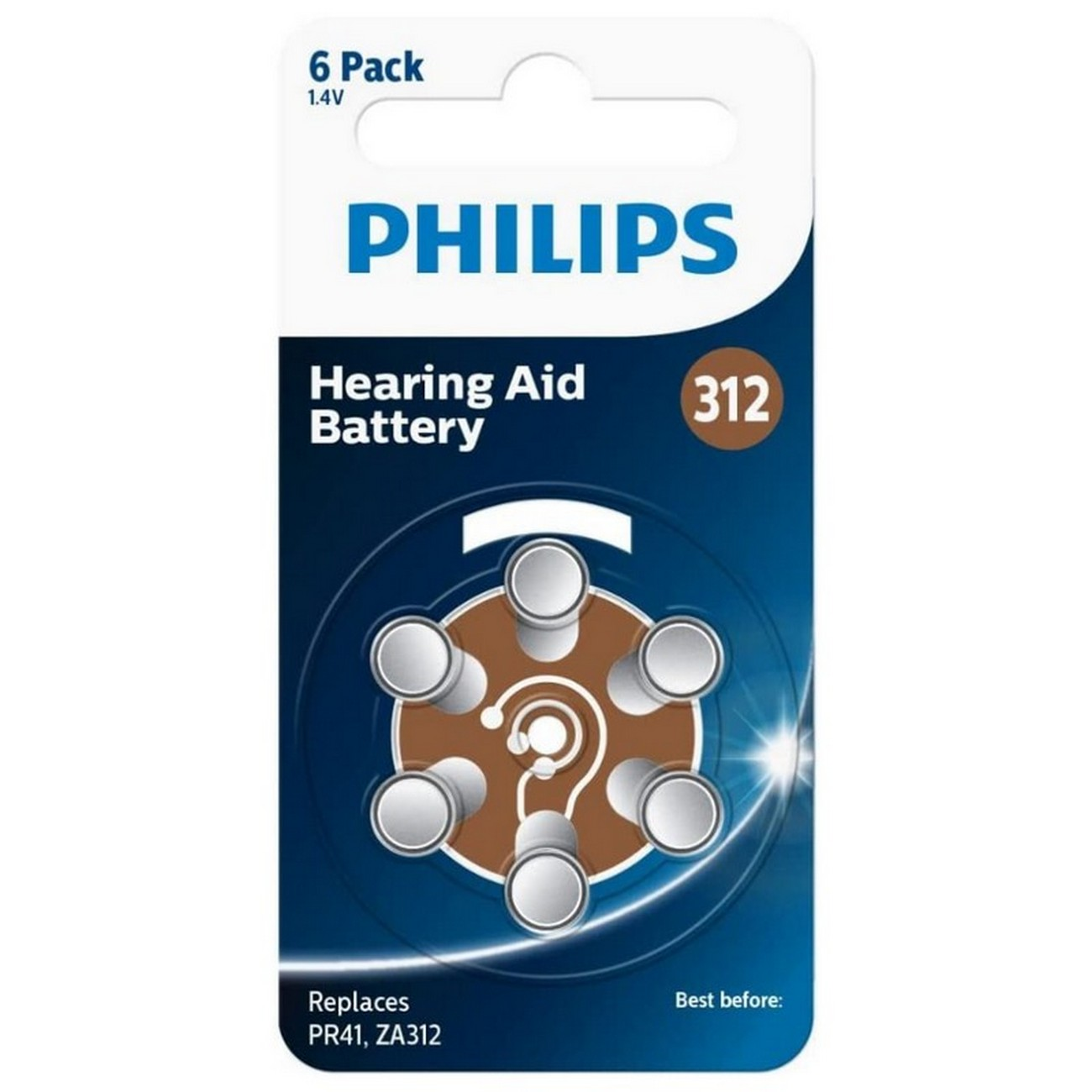 Un paquete de 6 pilas para audífonos Philips. El paquete es azul y blanco. Las pilas son visibles.