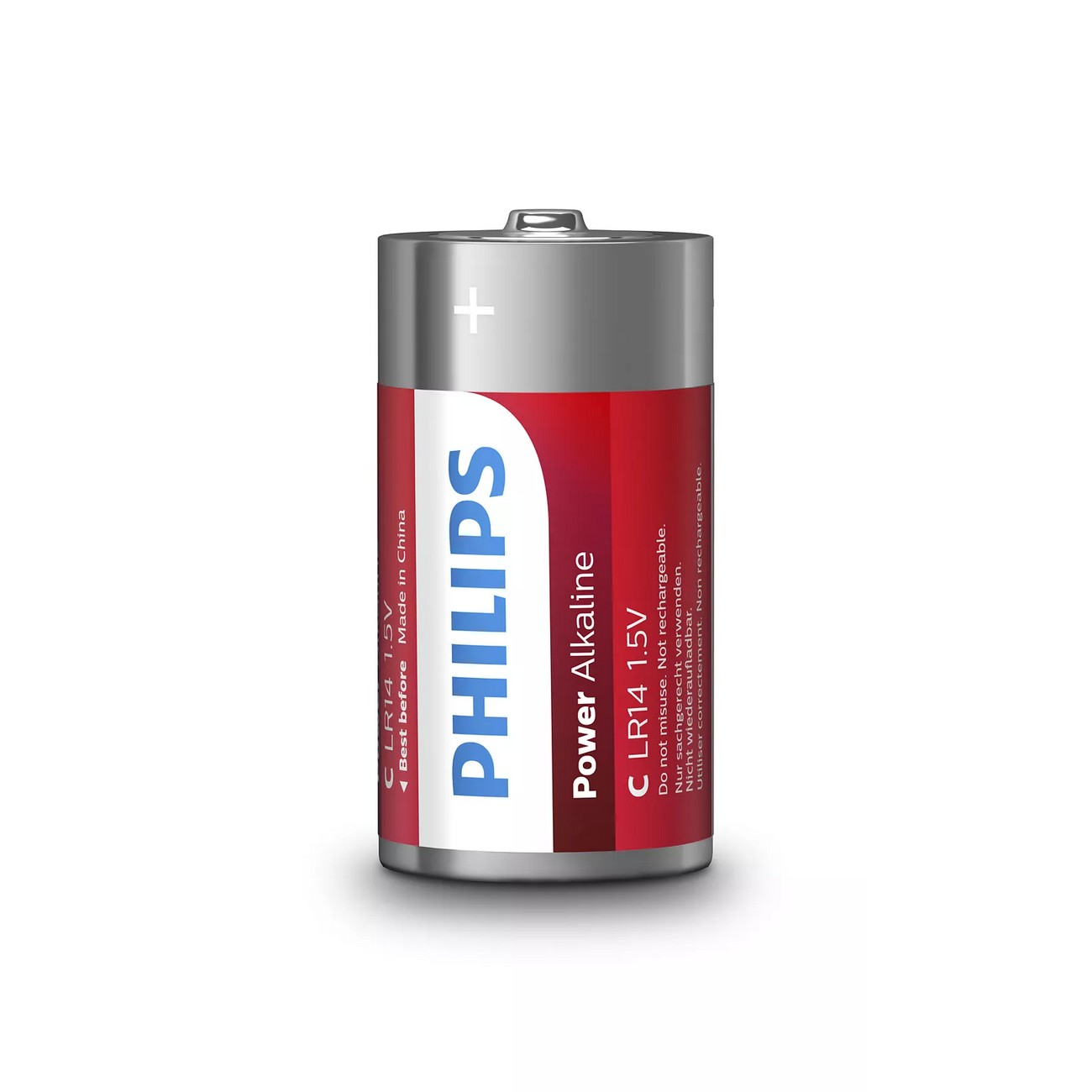 Una pila Philips Power Alkaline C LR14 1,5V, roja y plateada con texto blanco.