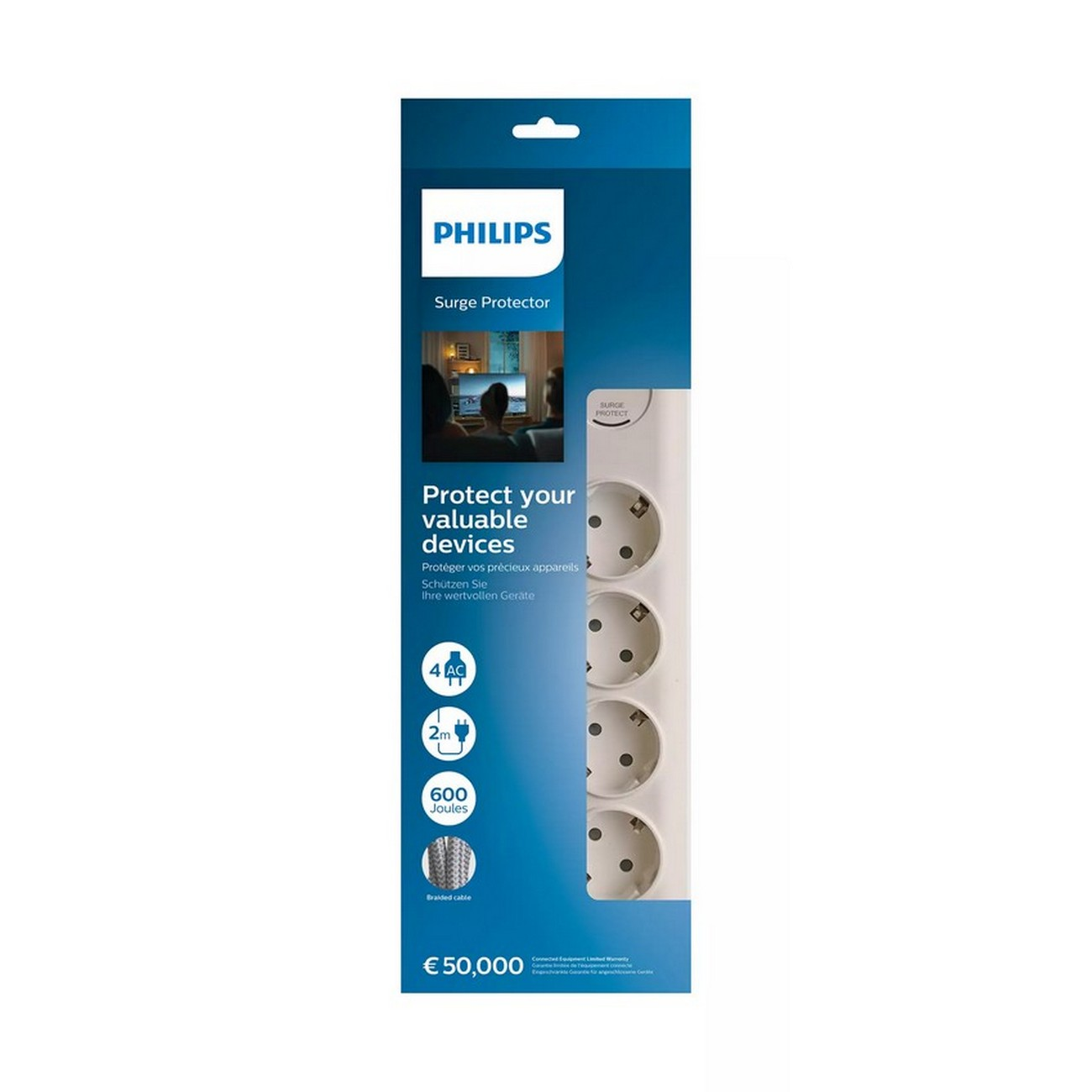 Un protezione da sovratensione Philips, bianco con testo e grafica neri e blu, con una ciabatta bianca.