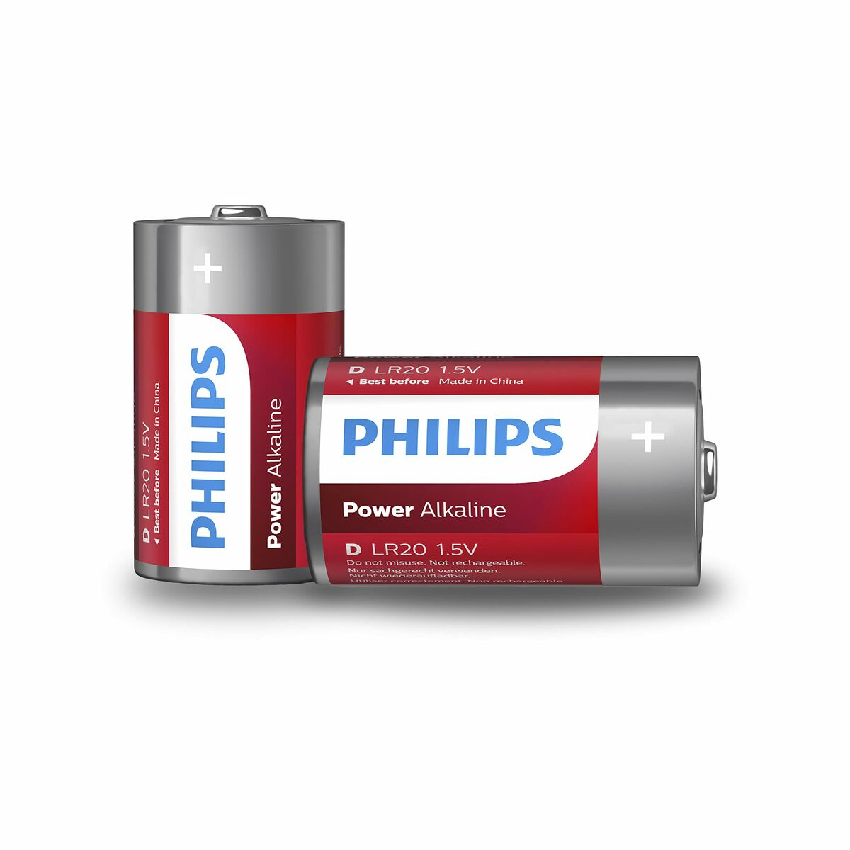 Dos pilas Philips Power Alkaline D LR20 1,5V, una de pie y otra tumbada.