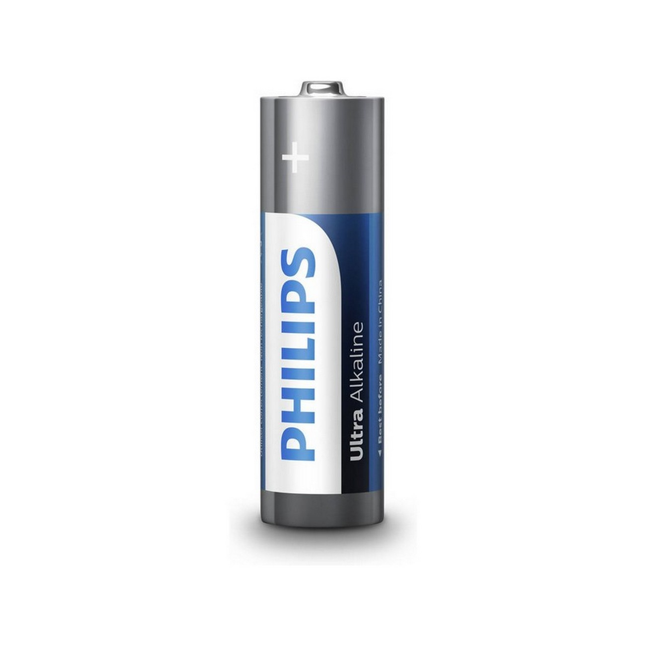 Een enkele, zilver en blauwe Philips Ultra Alkaline AA-batterij.