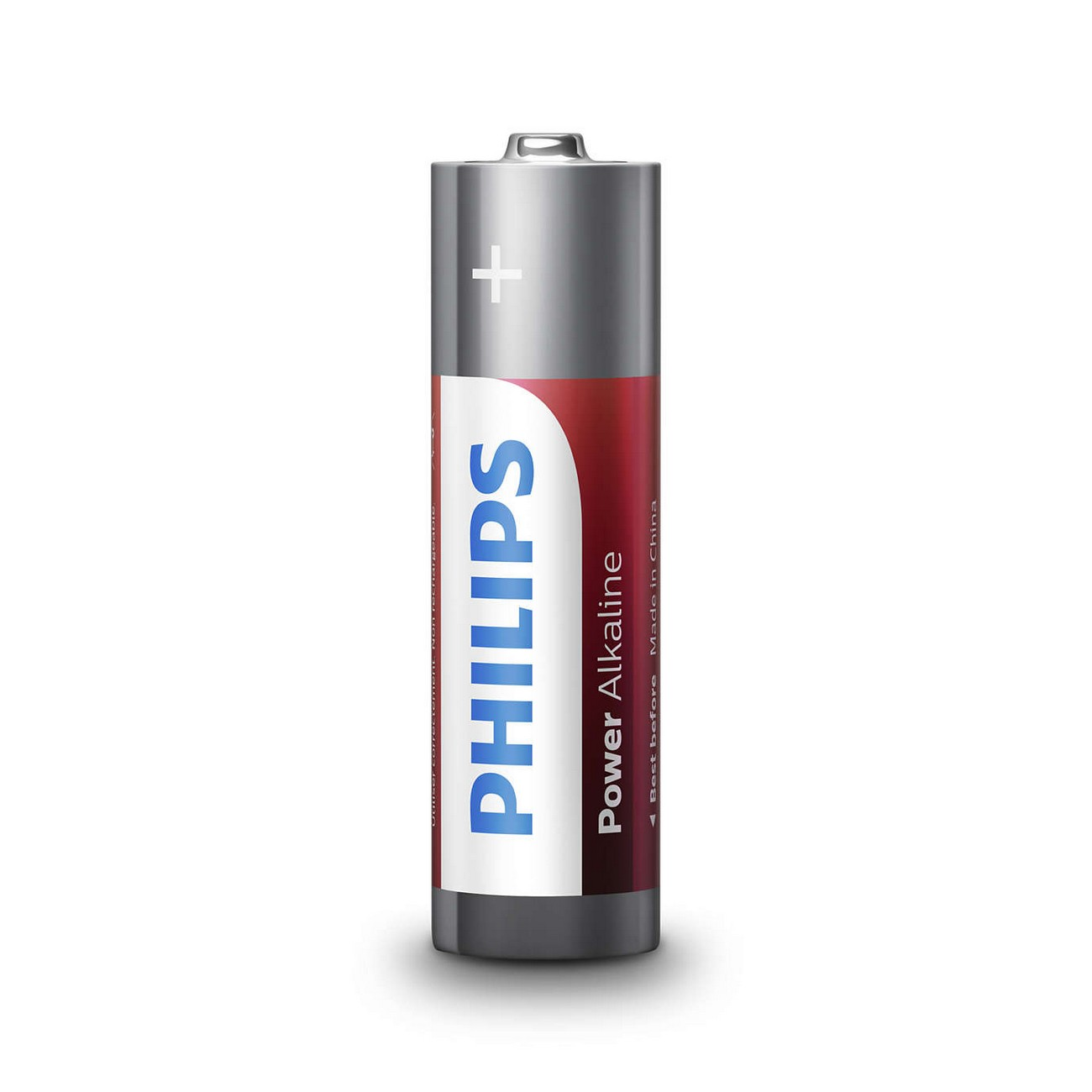 Een Philips AA alkaline batterij, rood en zilver met witte tekst.
