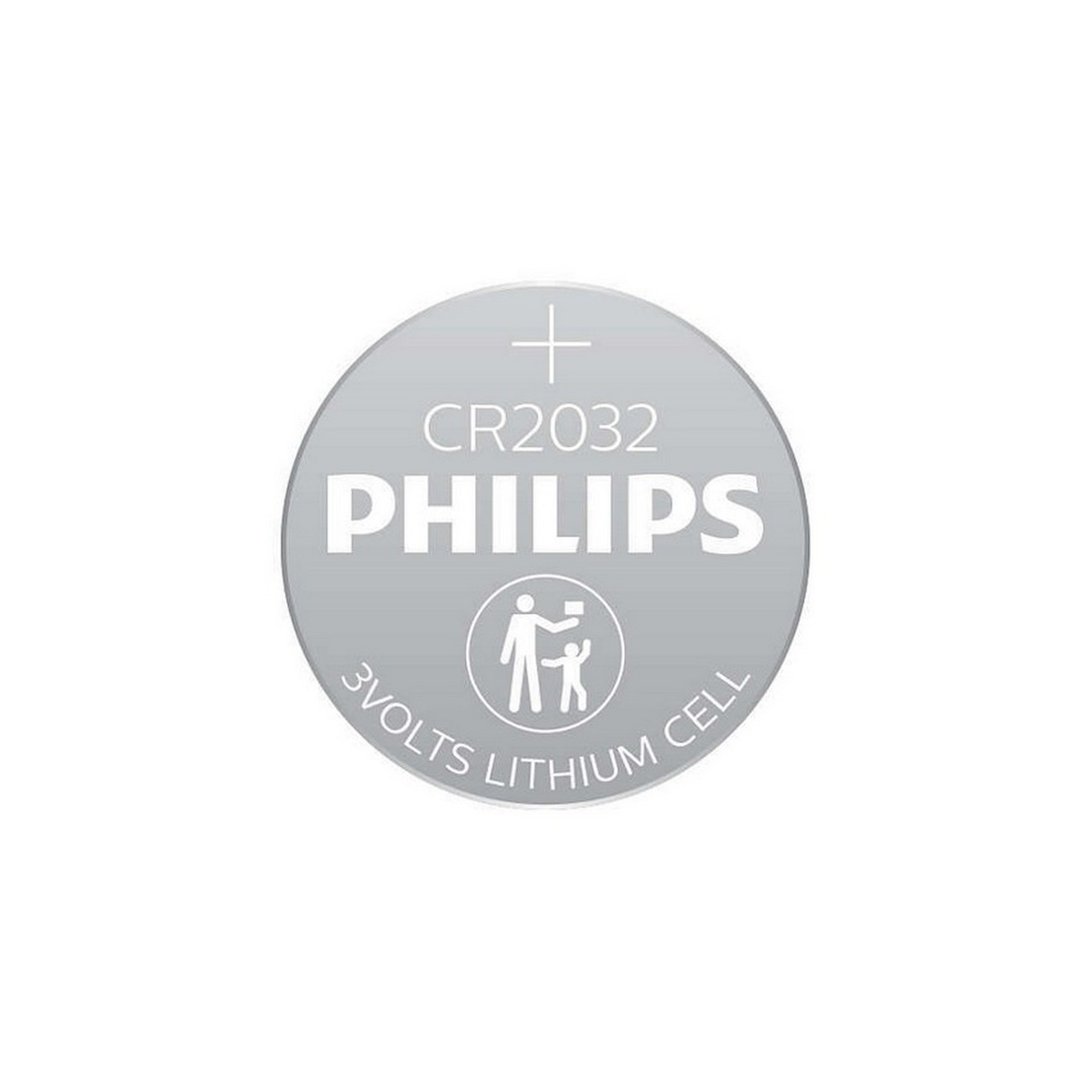 Una batería redonda plateada CR2032 con el logotipo de Philips y el texto '3volts Lithium Cell'.