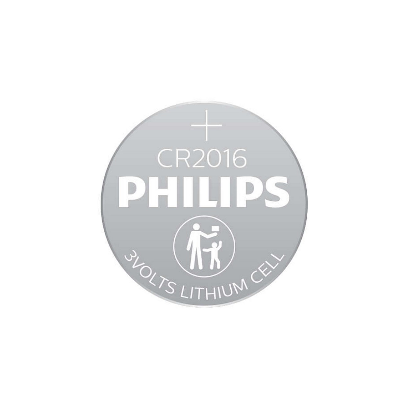 Batería de celda de litio Philips CR2016 3V redonda y plateada. Texto en la superficie.