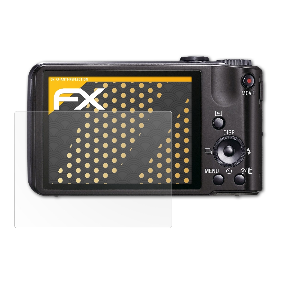 Rückseite einer schwarzen Kamera mit Displayschutz. Der Bildschirm zeigt ein goldenes Muster und FX-Logo.