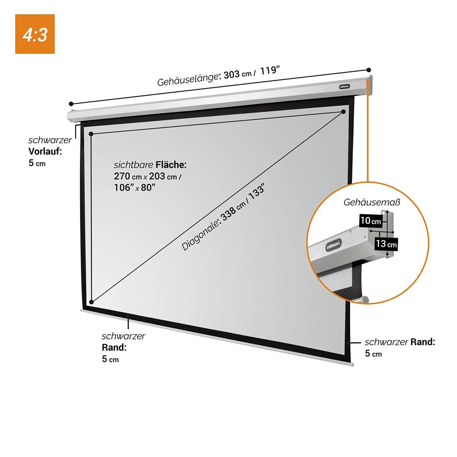 Projektorleinwand mit Maßangaben, schwarzen Rändern und weißer Leinwand.