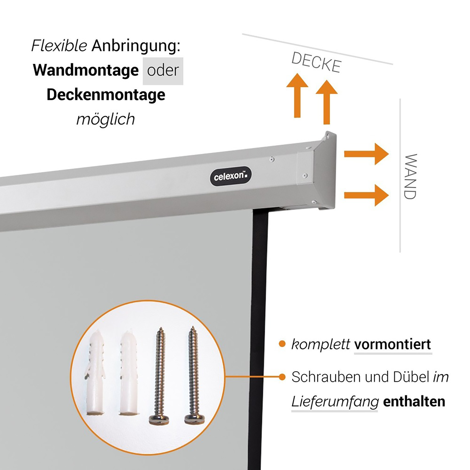 Eine weiße Projektorleinwand mit Pfeilen, die Wand- oder Deckenmontageoptionen und Befestigungsmaterial angeben.