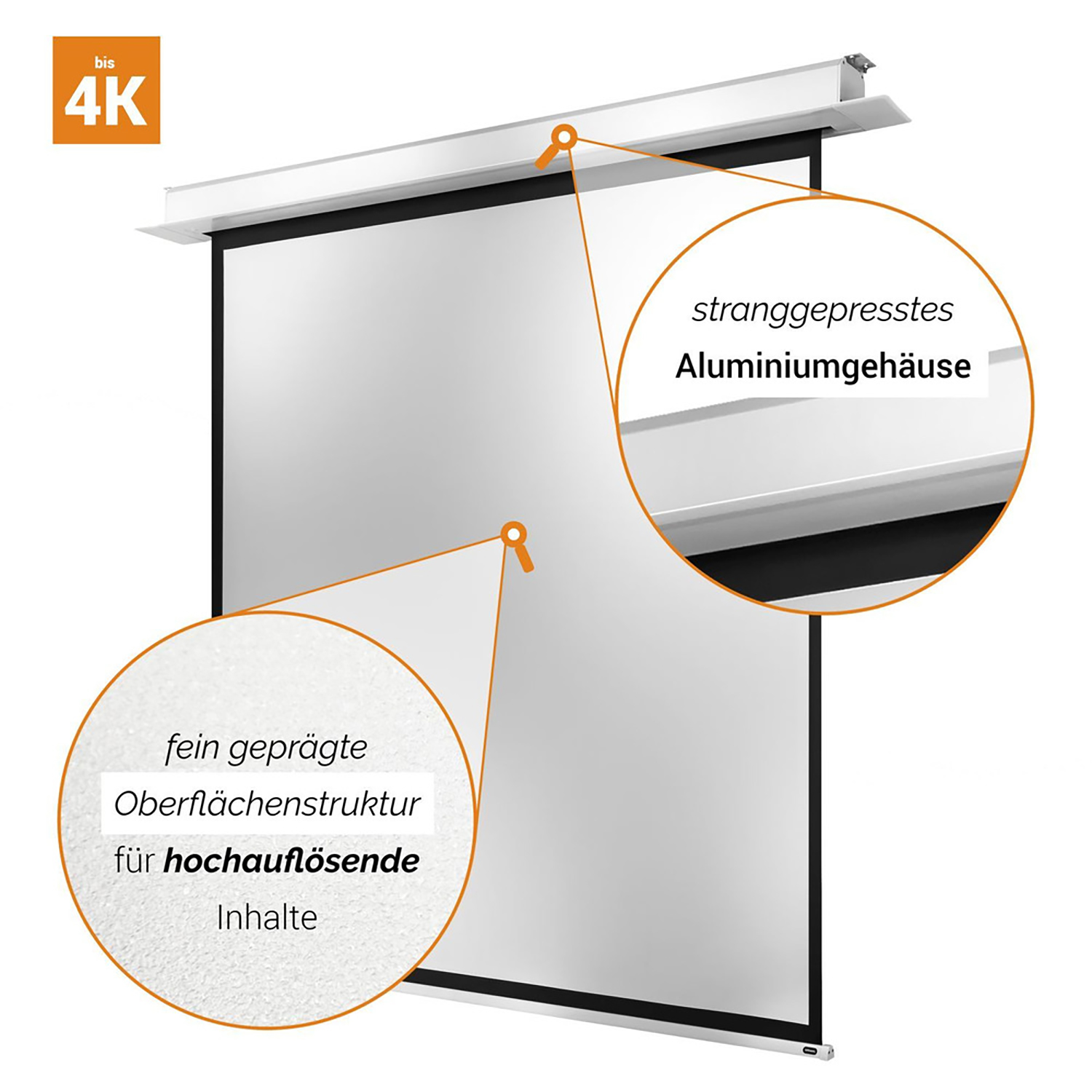 Projektionsleinwand, Text auf Deutsch, weißer Hintergrund.
