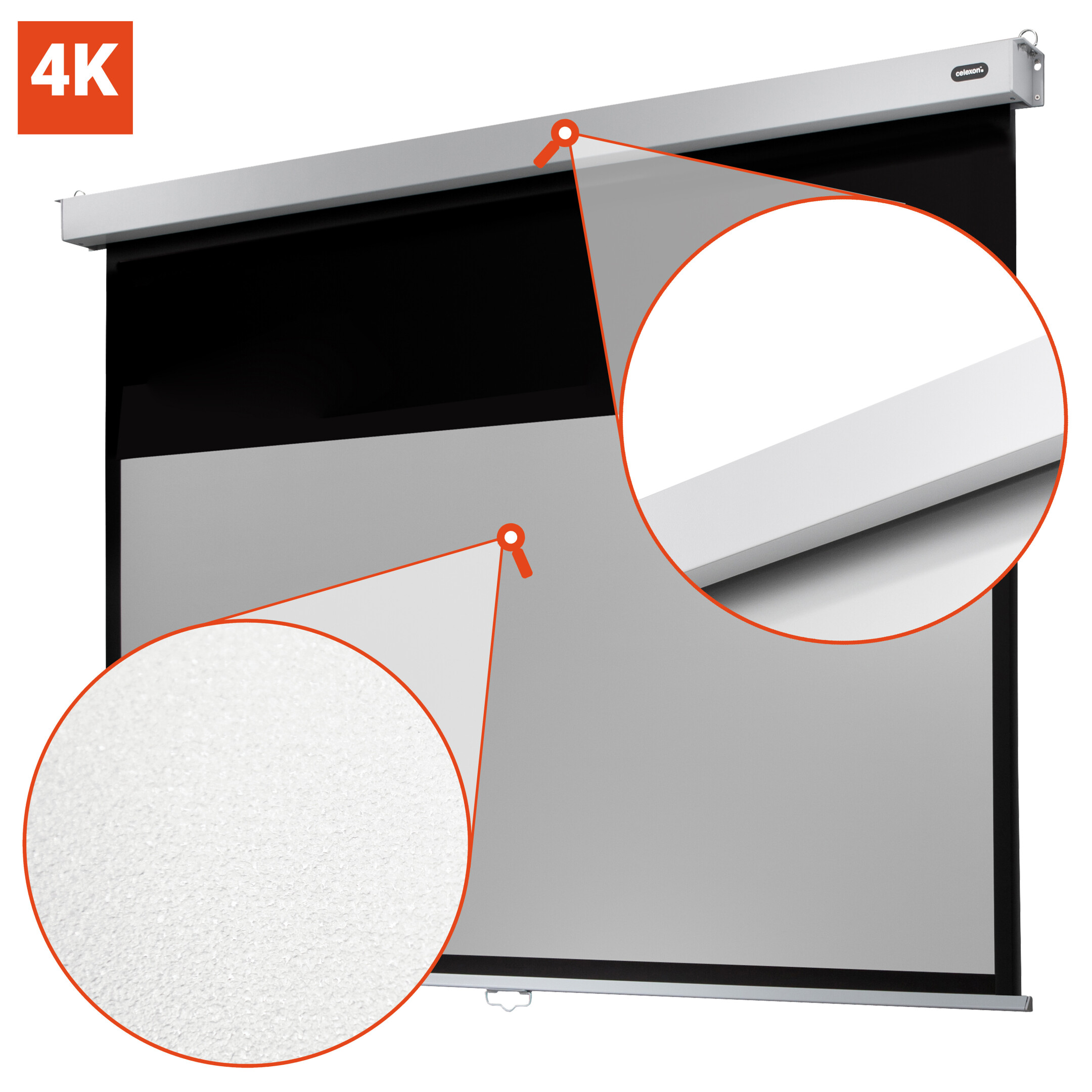Écran de projection blanc avec une étiquette 4K et des gros plans montrant les détails de l'écran.
