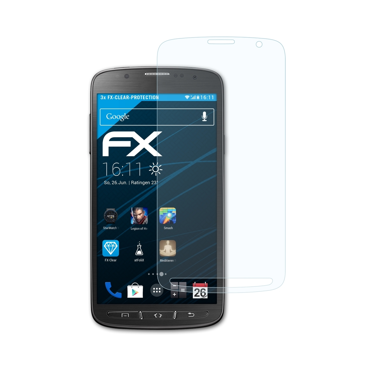 Telefon mit Displayschutzfolie. Der Bildschirm zeigt Apps und Zeit. Der Schutz ist transparent.