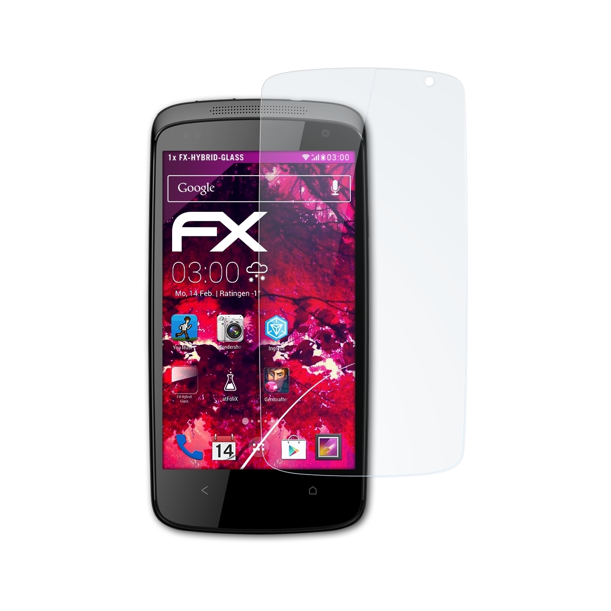 Schwarzes Smartphone mit Displayschutz und Google-Bildschirm.