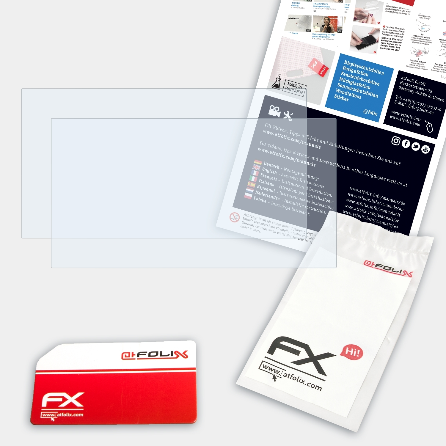 Displayschutzfolien, Karte und ein Päckchen auf weißer Oberfläche mit Flyer. Der Hintergrund enthält Anweisungen.