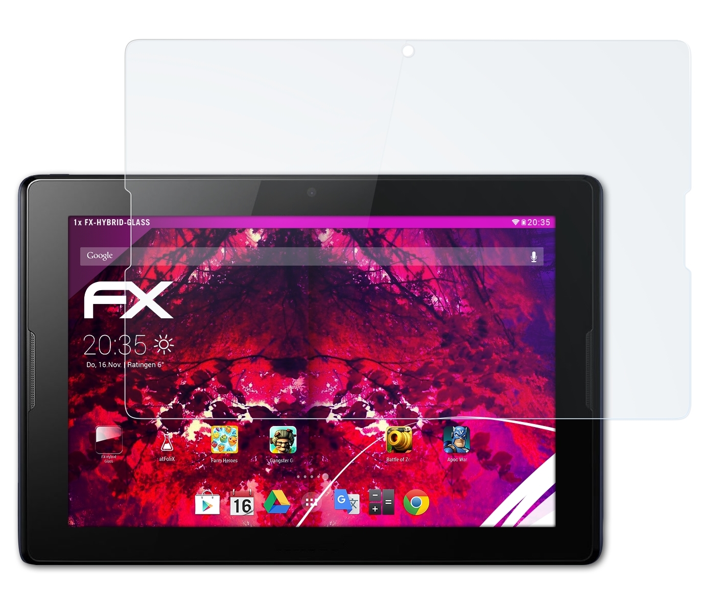 Tablet mit Displayschutz. Schwarzes Tablet. Der Bildschirm zeigt Apps und Uhrzeit. Der Schutz ist klar.
