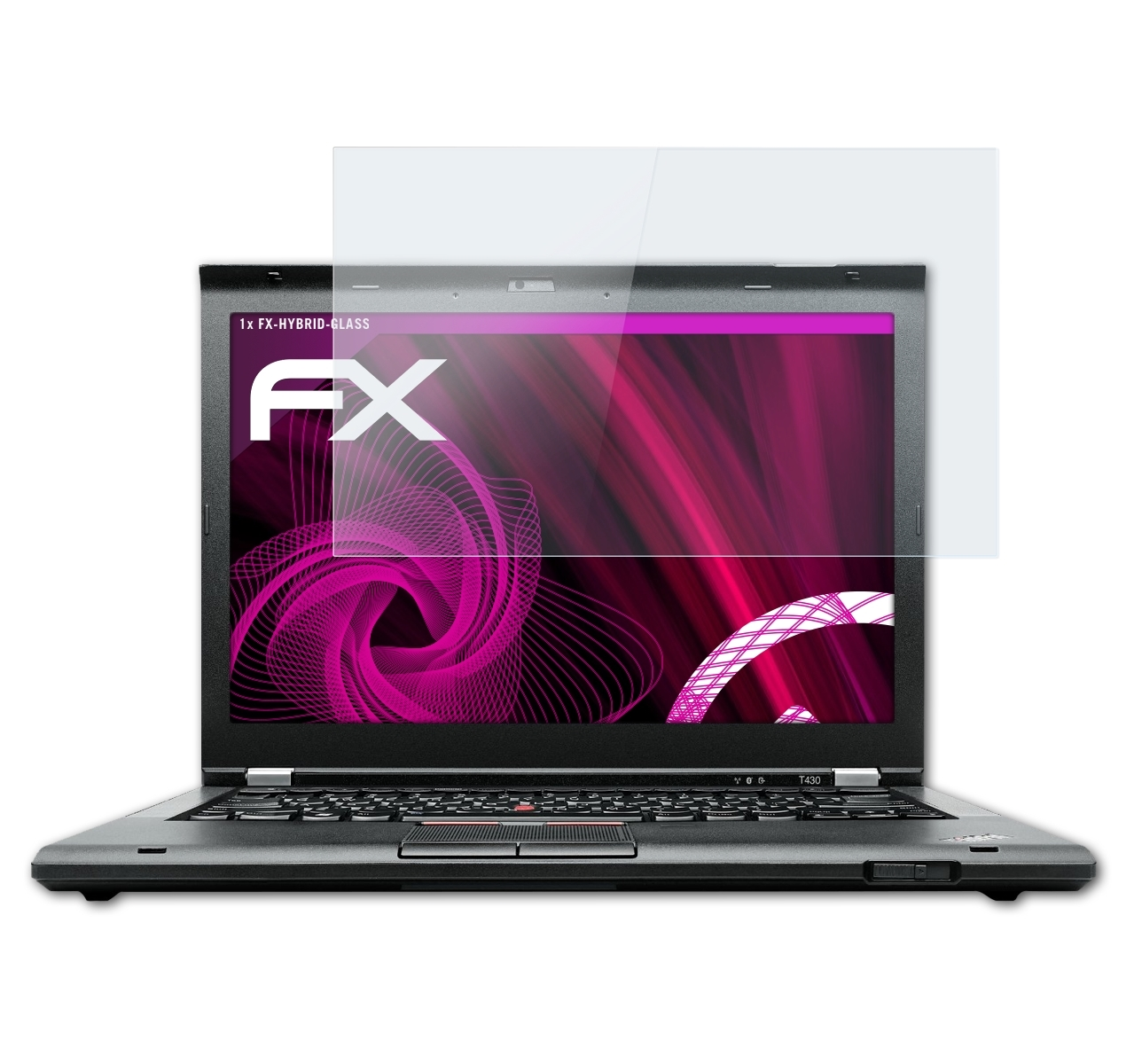 Laptop mit Displayschutz. Bildschirm zeigt pinken Hintergrund. Klarer Schutz über dem Bildschirm.