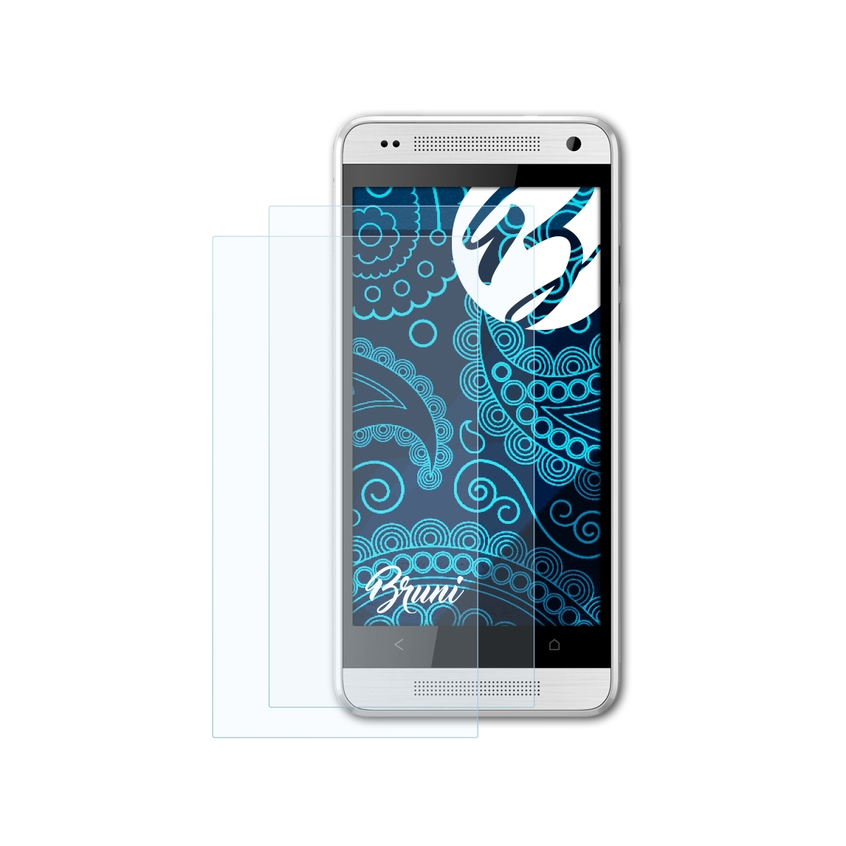 Smartphone mit Displayschutz und blauem Muster auf weißem Untergrund.
