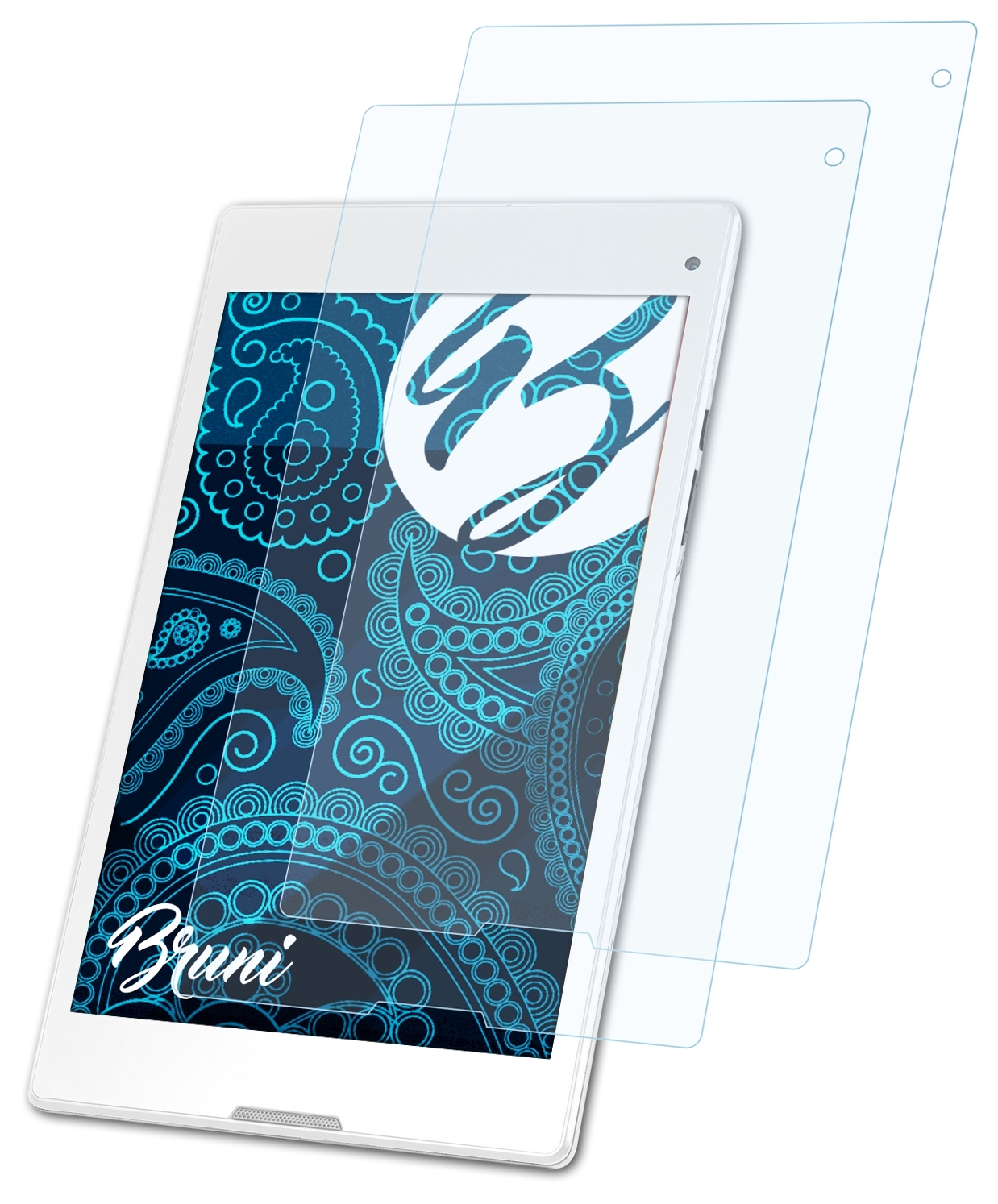 Tablet mit Displayschutz. Bildschirm zeigt blaues Paisley-Design, Bruni-Text und einen weißen Kreis.
