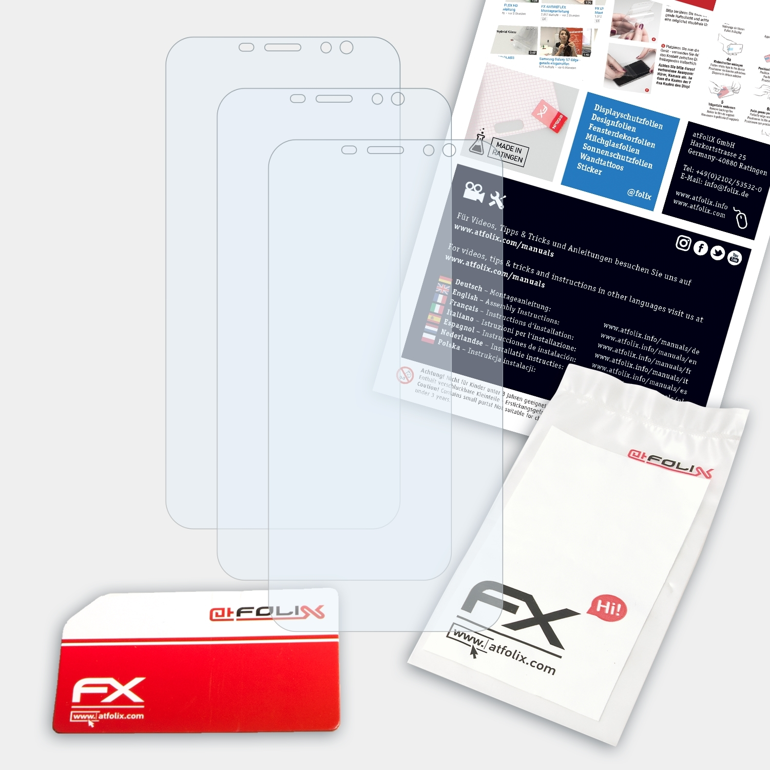 Displayschutzfolien, Karte und Verpackung auf weißem Untergrund. Hintergrund: Broschüre und Beutel.