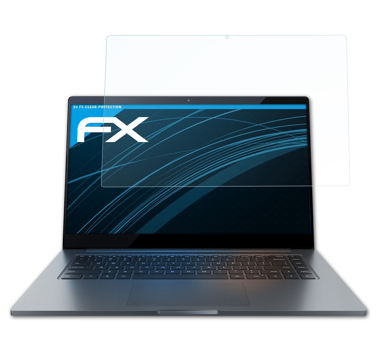 Laptop mit Displayschutzfolie. Silberner Laptop mit klarer Schutzfolie. FX-Logo auf dem Bildschirm.
