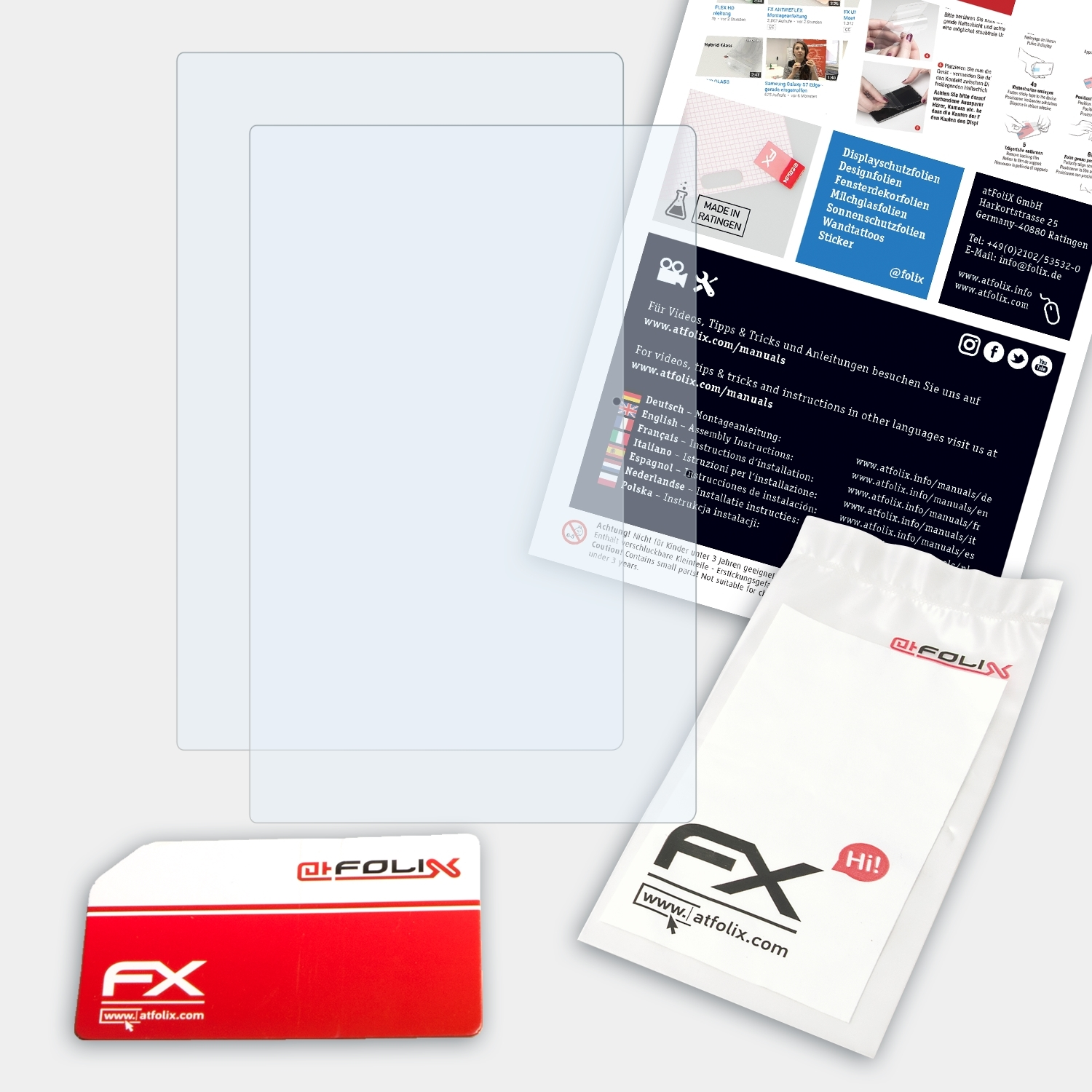 Transparenter Displayschutz, Anleitungsblatt, Karte und kleiner Beutel mit Logo. Alles auf weißem Untergrund.