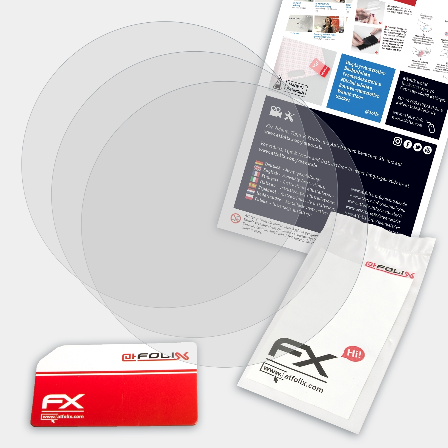 Verpackung mit Displayschutzfolie, Reinigungskarte und Anweisungen. Anweisungen in verschiedenen Sprachen.