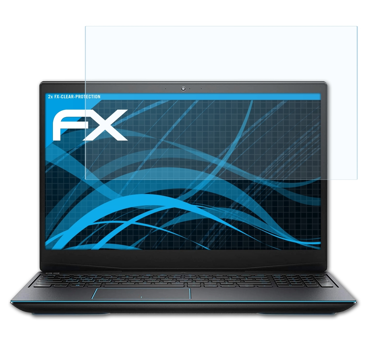 Schwarzer Laptop mit Displayschutz und FX-Logo. Der Bildschirm hat ein blaues Design. Der Hintergrund ist weiß.