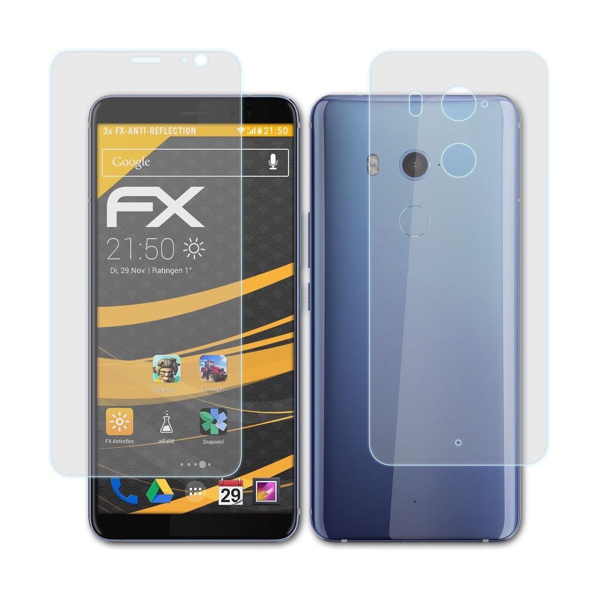 ATFOLIX 3x HTC U11 Displayschutz(für FX-Antireflex Plus)