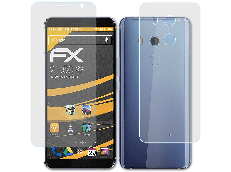 ATFOLIX 3x HTC U11 Displayschutz(für FX-Antireflex Plus)