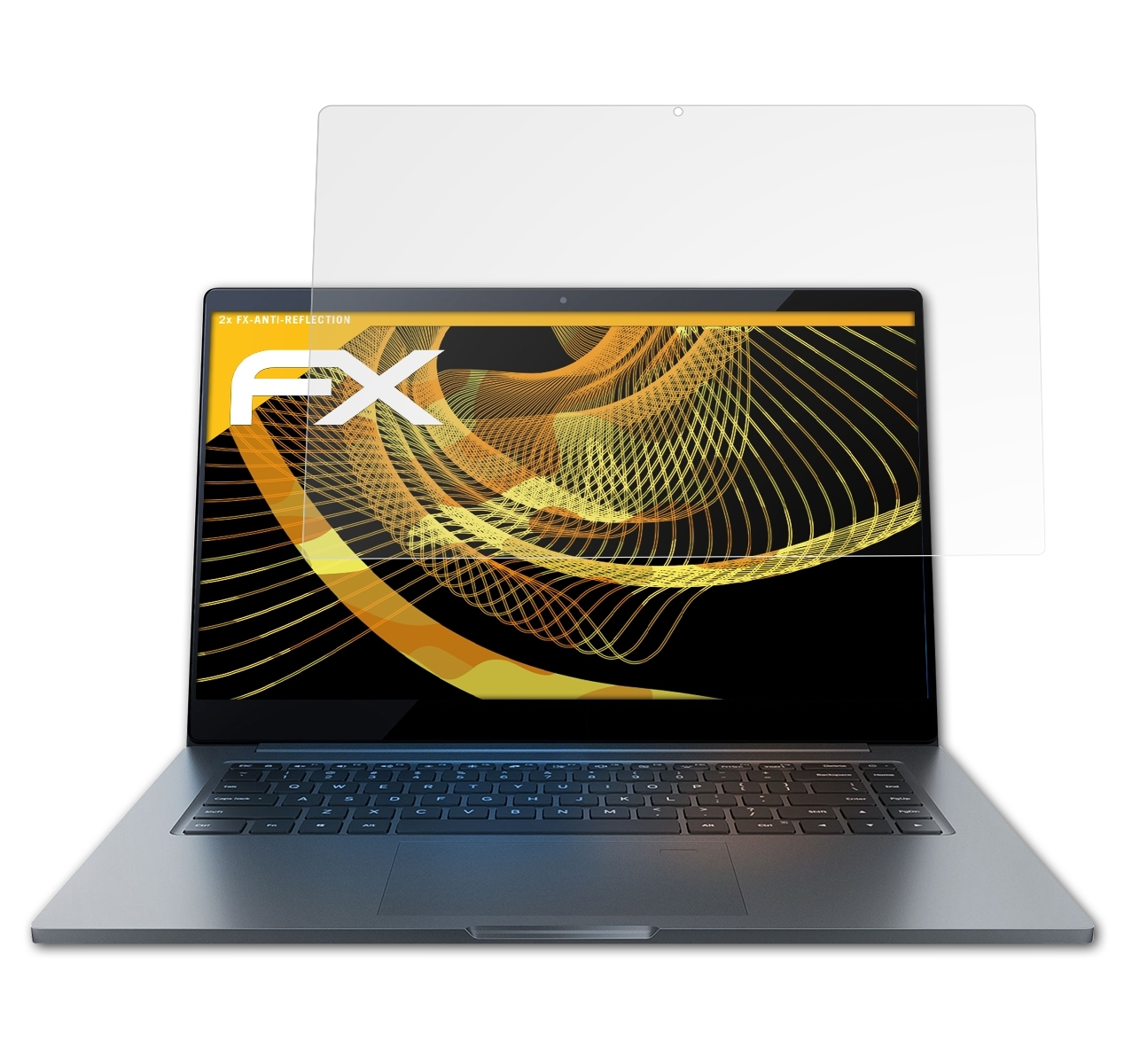 Laptop mit Displayschutzfolie. Der Bildschirm zeigt einen dunklen Hintergrund und gelbe Akzente.