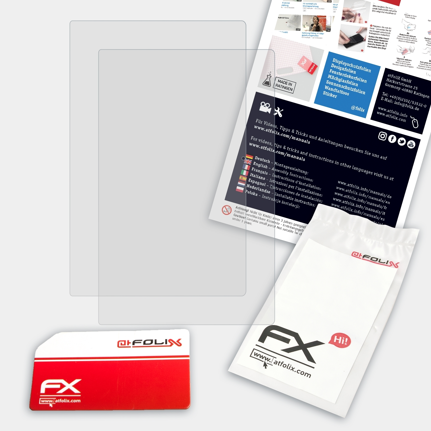 Rechteckige Schutzfolie, Anweisungen, Karte und Verpackung mit Logos und Text.