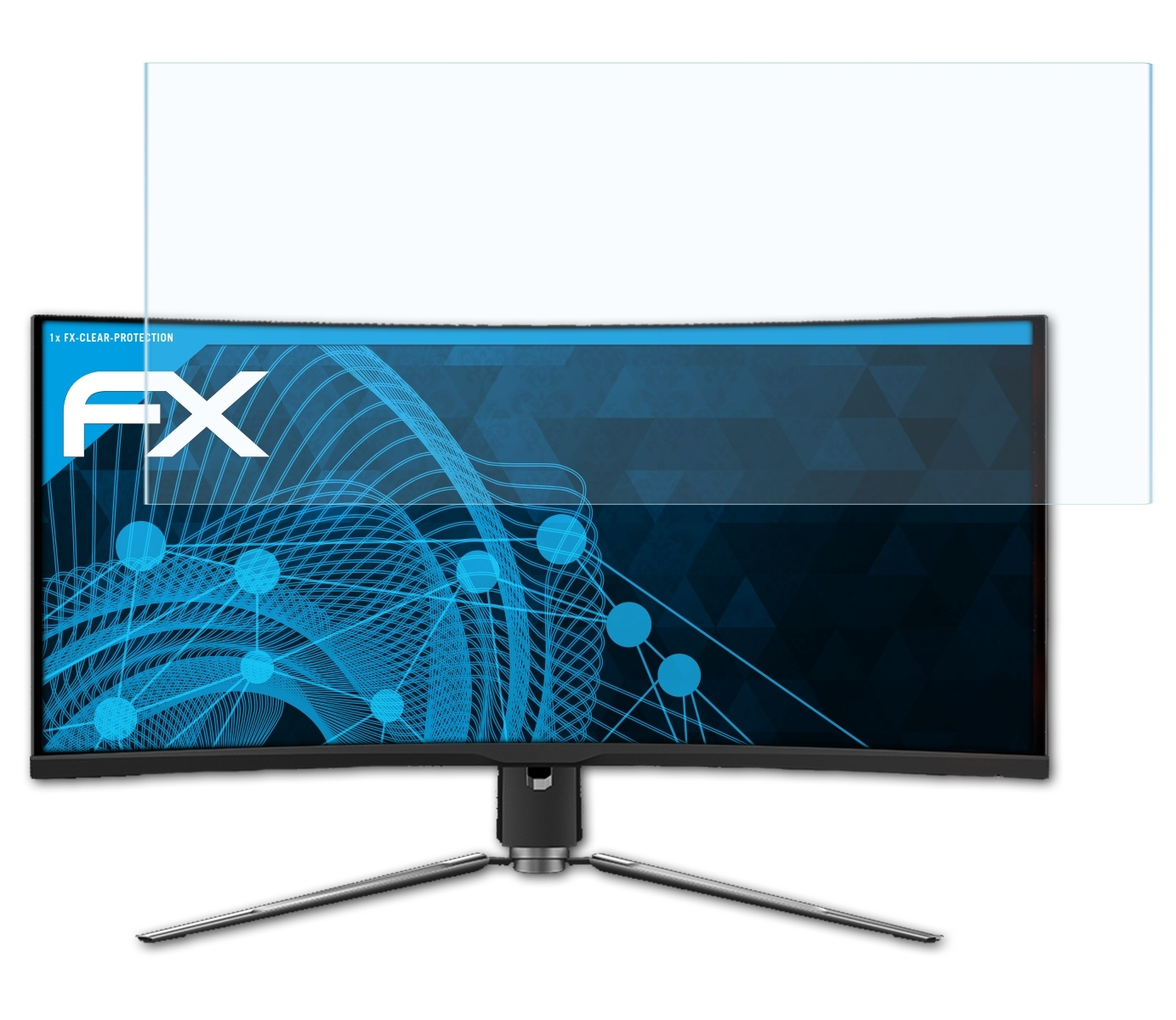 Ein gebogener Computermonitor mit Displayschutz. Der Bildschirm zeigt ein blaues Design und das FX-Logo.