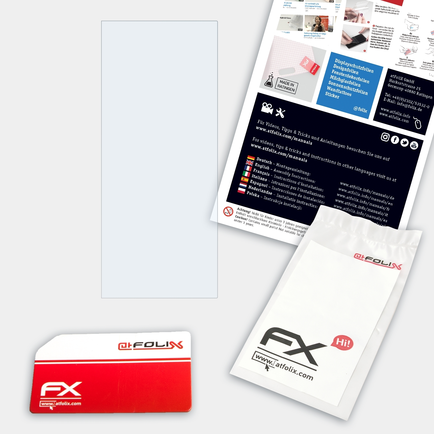 Ein transparenter Displayschutz, eine rot-weiße Karte und ein weißer Beutel mit Text, alles auf weißem Hintergrund.