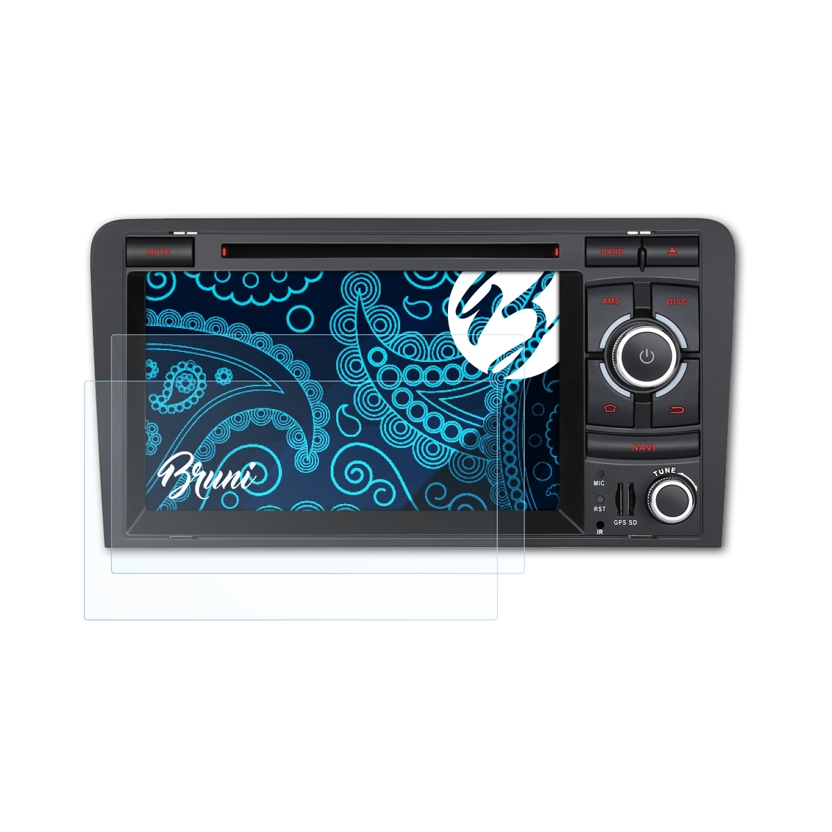 Autoradio mit Displayschutz, Bildschirm zeigt blaues Paisley-Design mit dem Wort 'Bruni'.