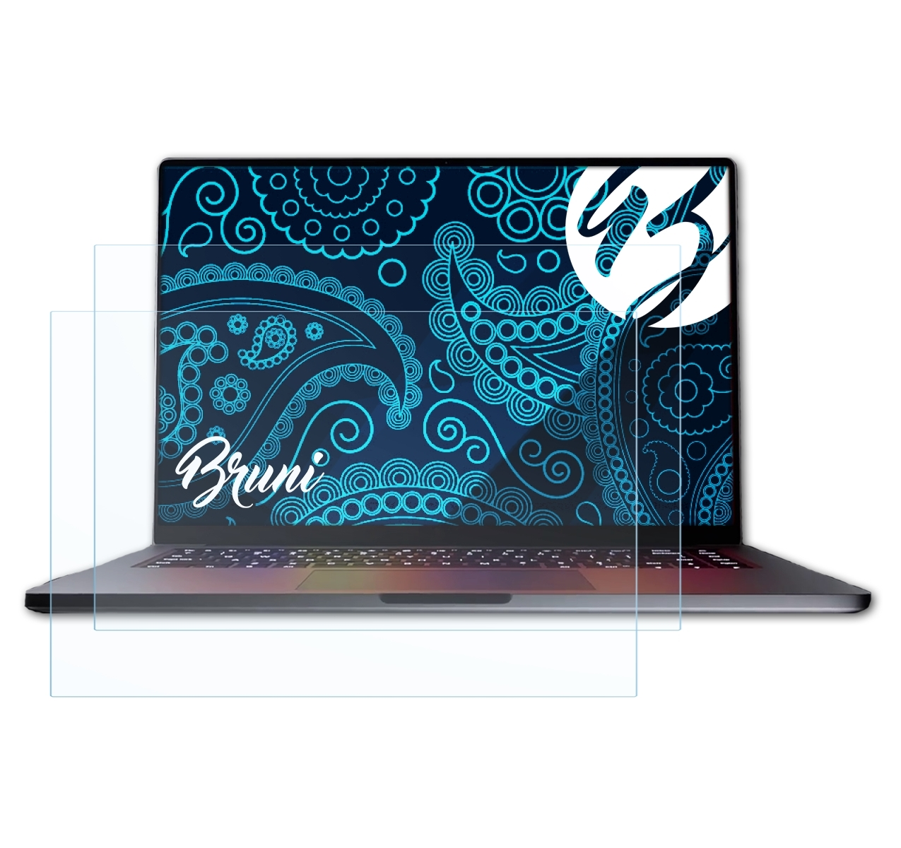 Laptop mit Displayschutzfolie. Bildschirm zeigt blaues Paisley-Design, Text 'Bruni' und Logo.