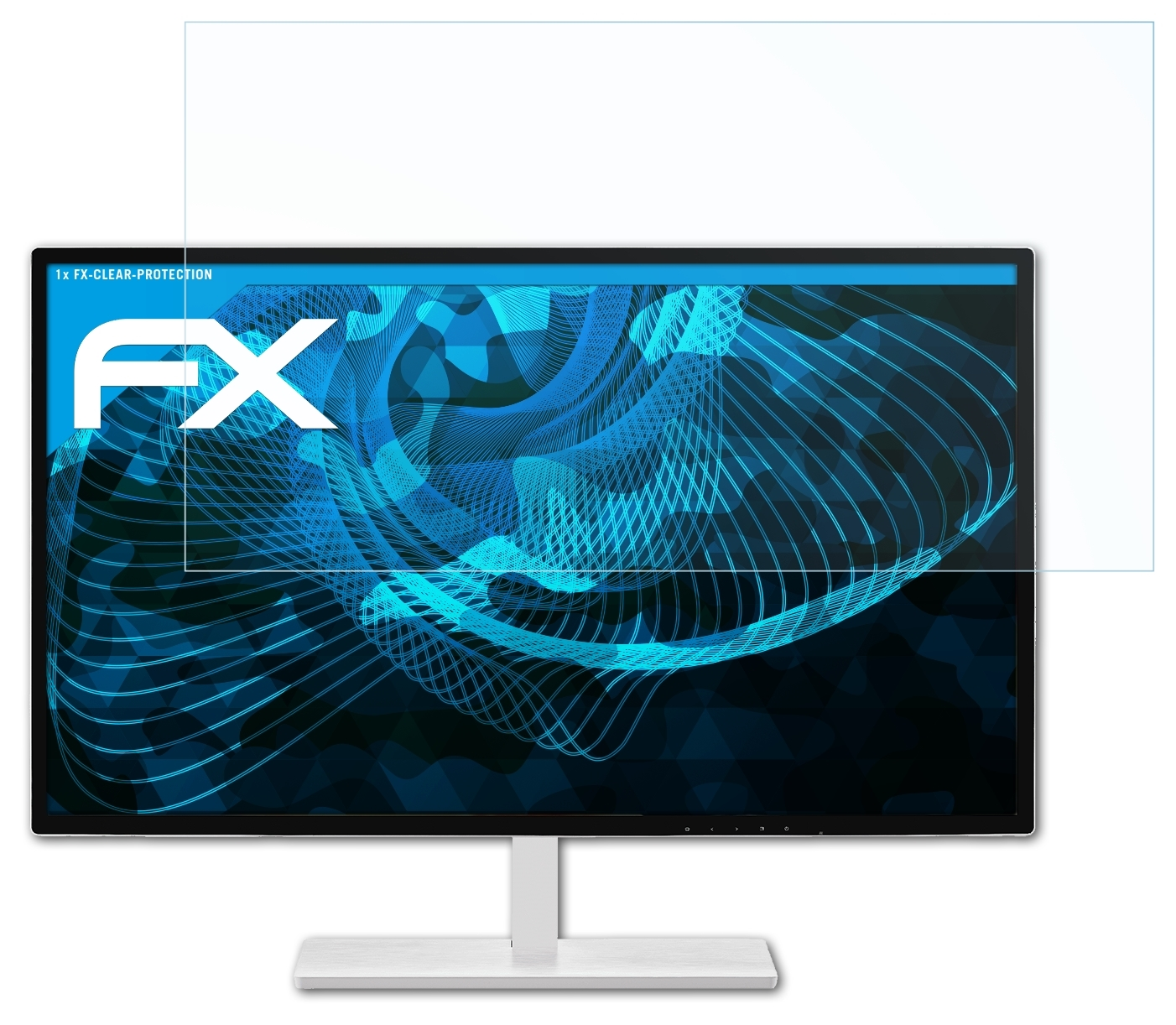 Monitor mit Displayschutzfolie, die das FX-Logo und die Worte FX-CLEAR-PROTECTION zeigt.