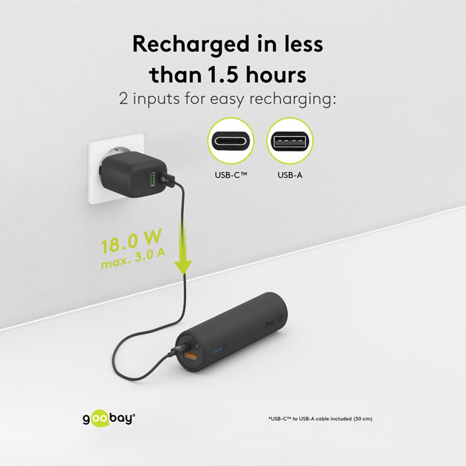Un banco de energía negro se está cargando. Tiene un puerto USB-C y USB-A y un cargador de pared.
