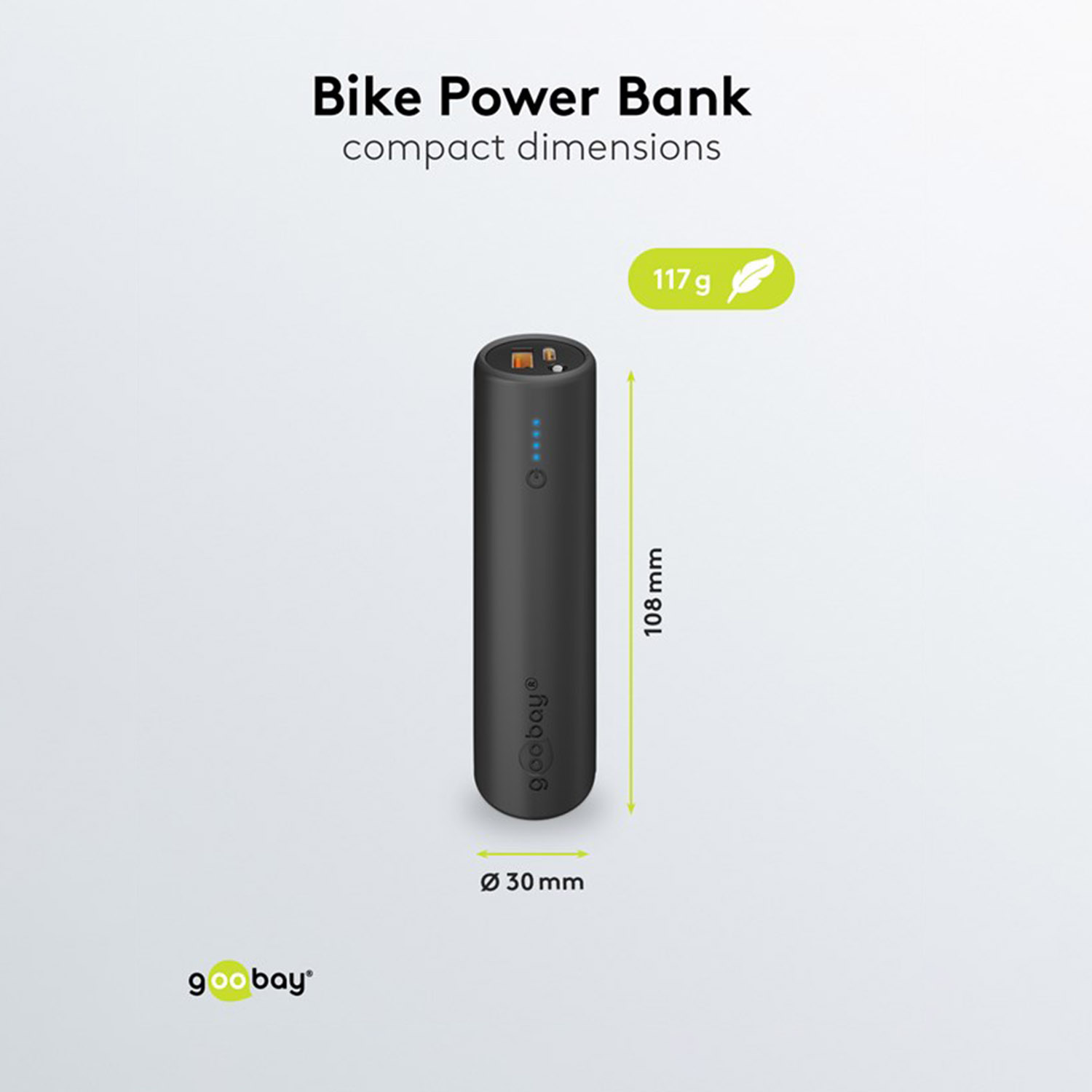 Banco de energía para bicicleta negro con dimensiones sobre fondo blanco. Incluye icono de hoja y texto '117 g'.